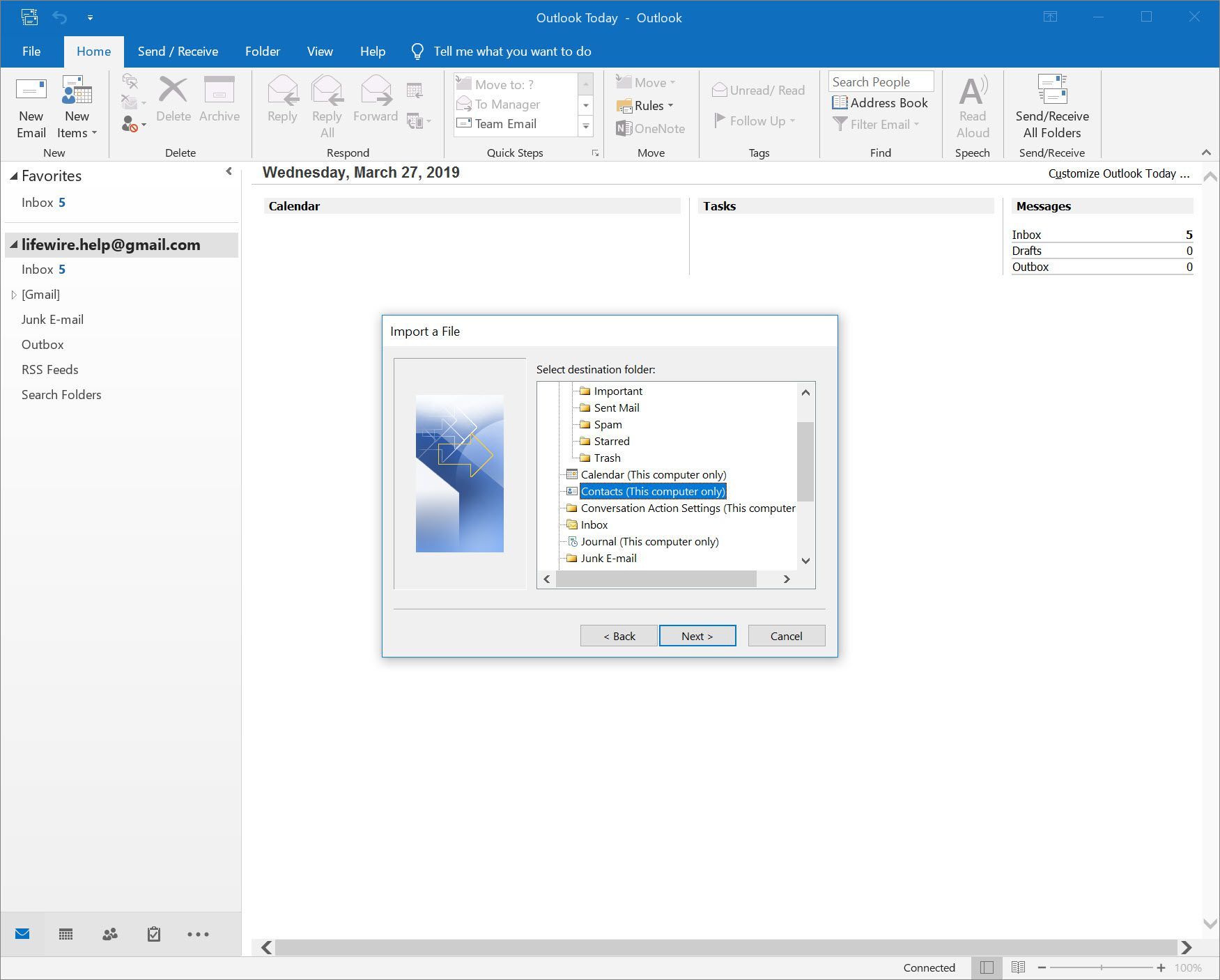 Outlook 2016 Окно импорта файла с папкой «Контакты», выбранной в качестве места назначения