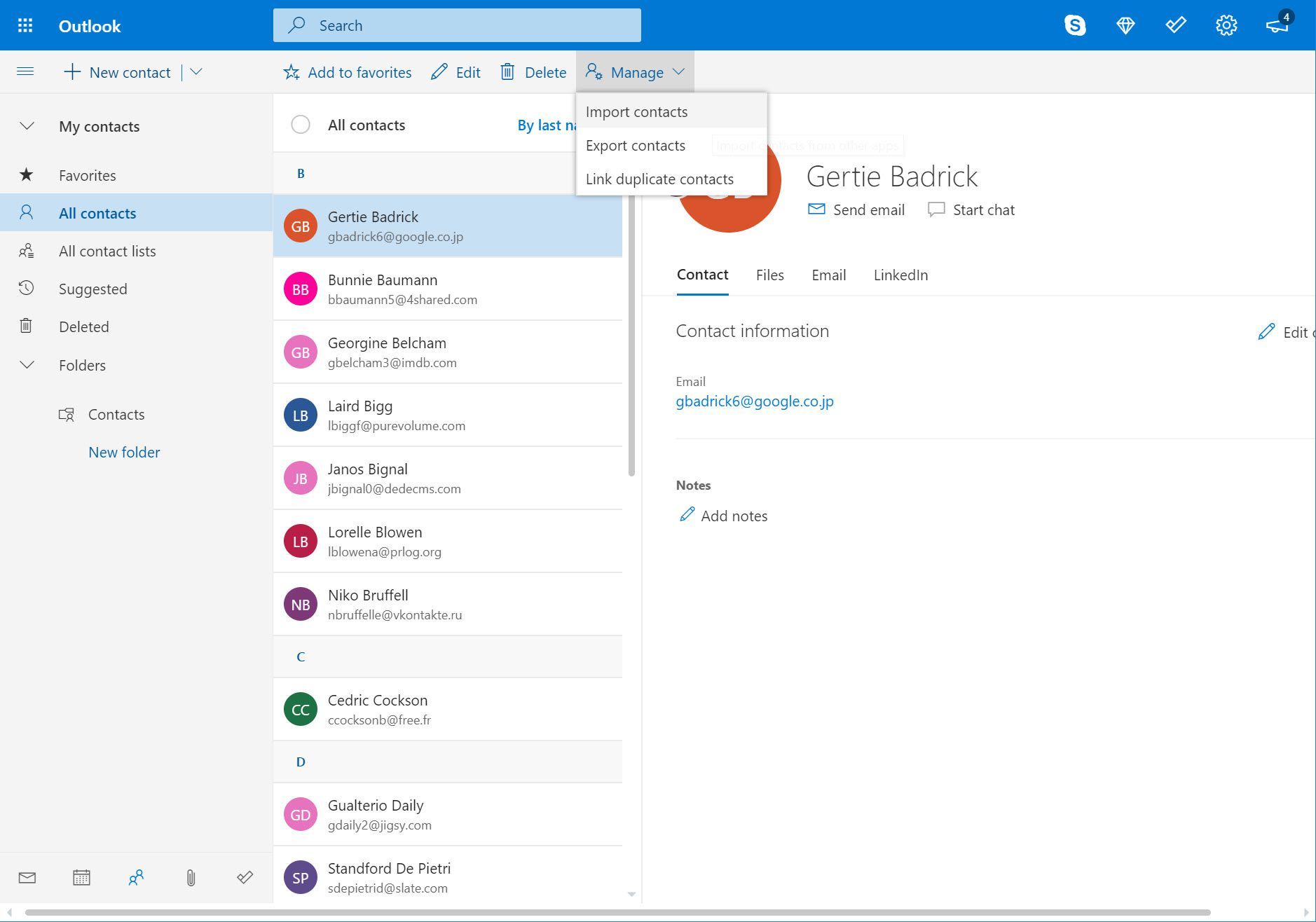 Outlook.com Управление меню и Импорт контактов выбран