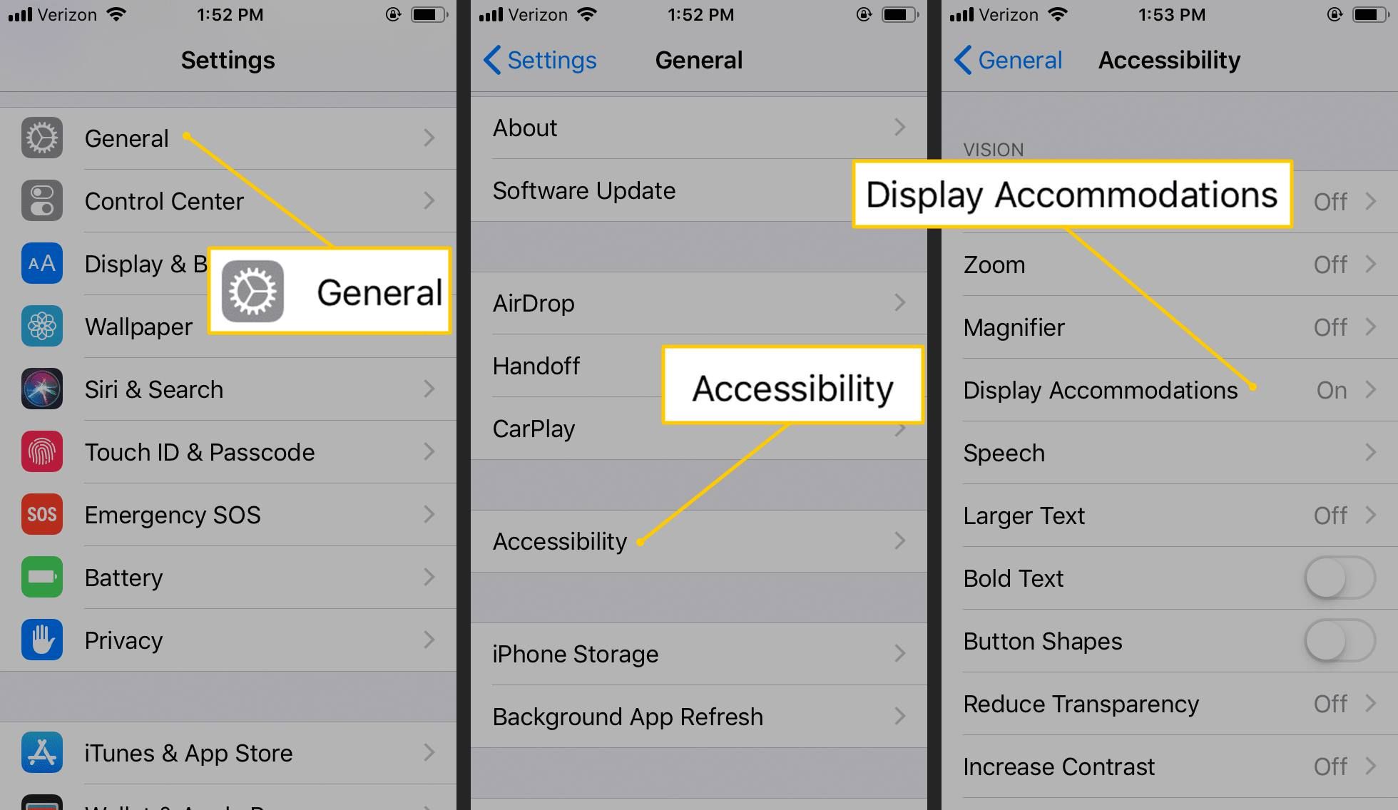Общие, Специальные возможности, Размещение в дисплеях в настройках iOS