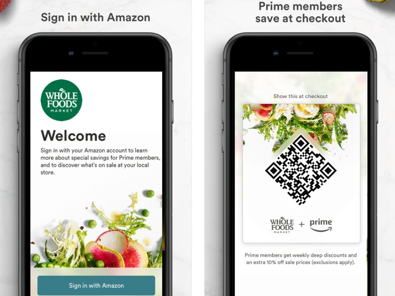 Приложение Whole Foods на смартфоне с экраном входа и QR-кодом