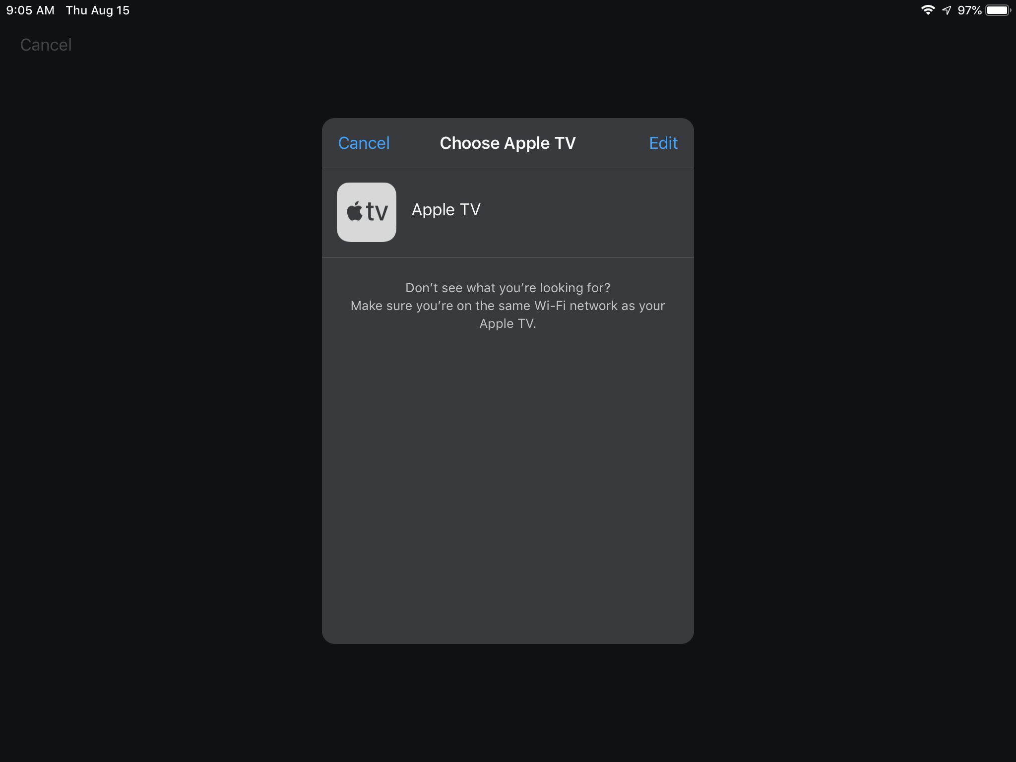 Экран открытия приложения Apple TV Remote на iPad