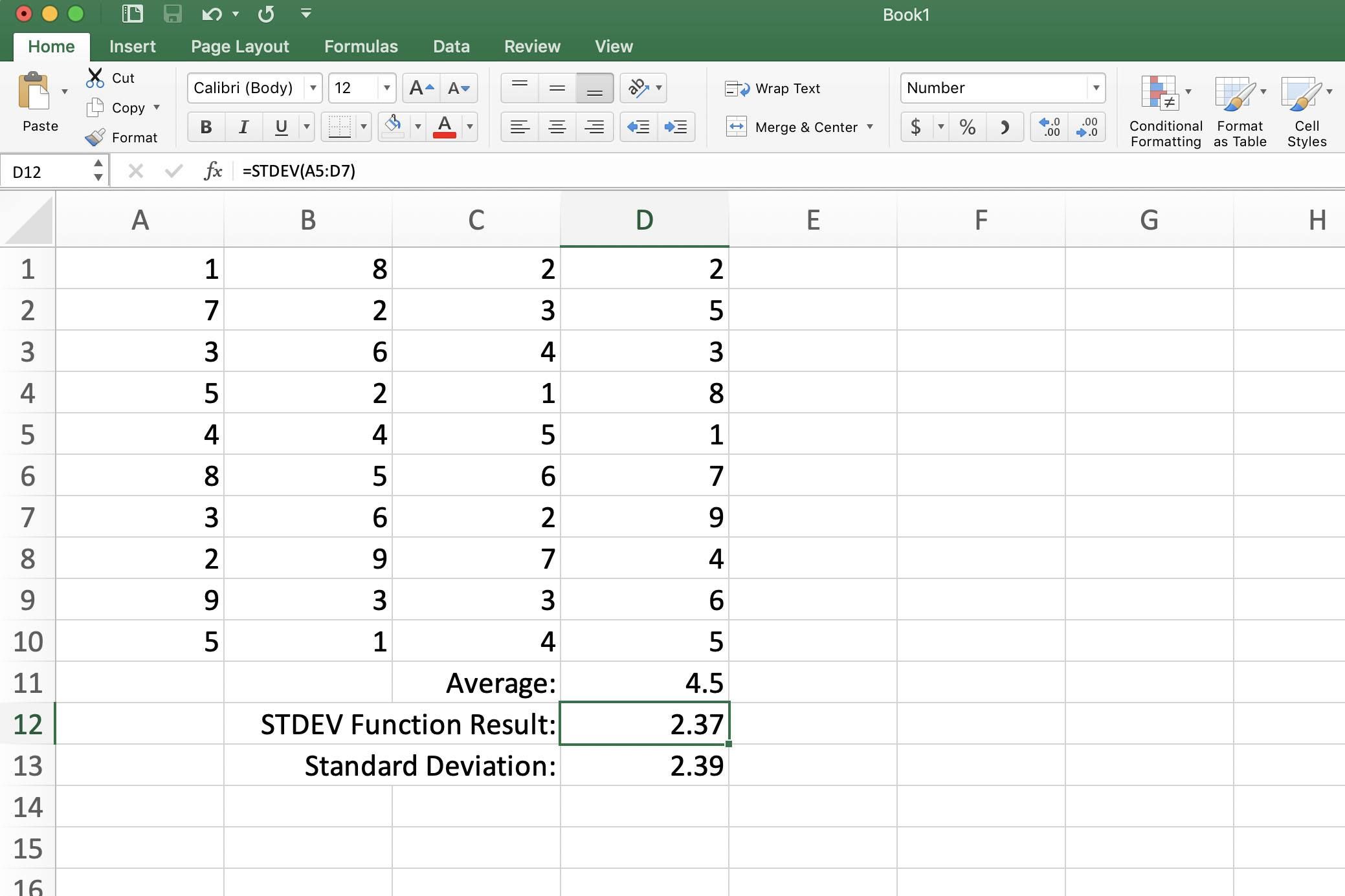 Скриншот Excel с настройкой числовой сетки для стандартного отклонения