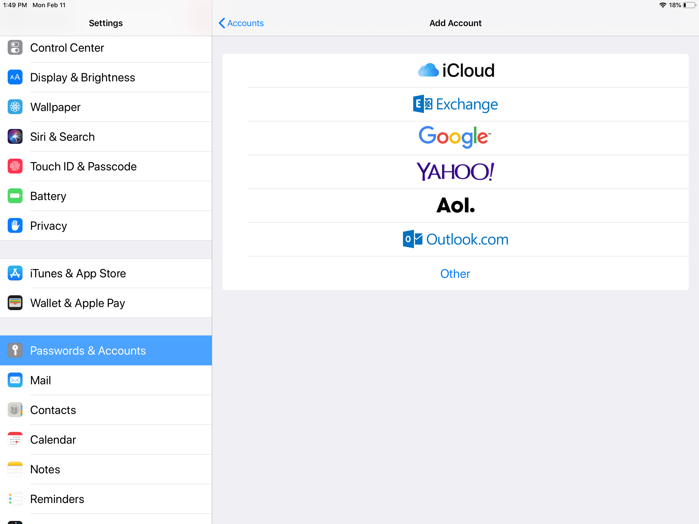 Скриншот настроек iPad для добавления аккаунта