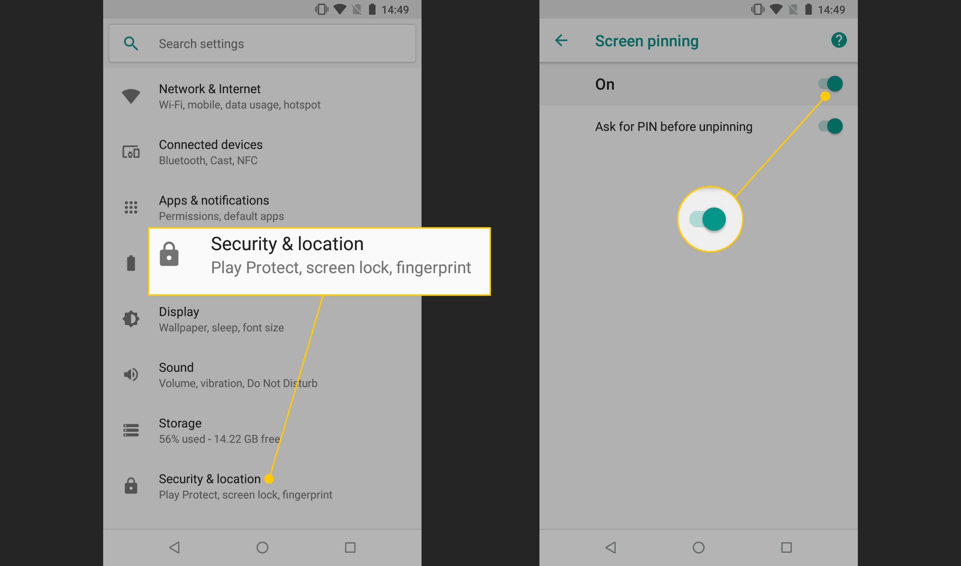 Безопасность и местоположение, Переключение закрепления экрана на Android