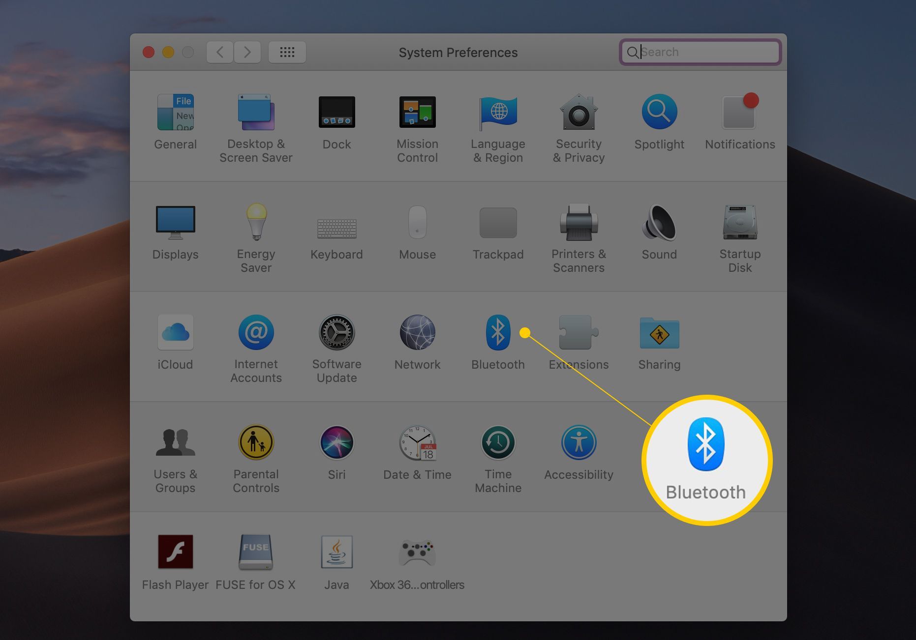 Значок Bluetooth в приложении настроек MacOS