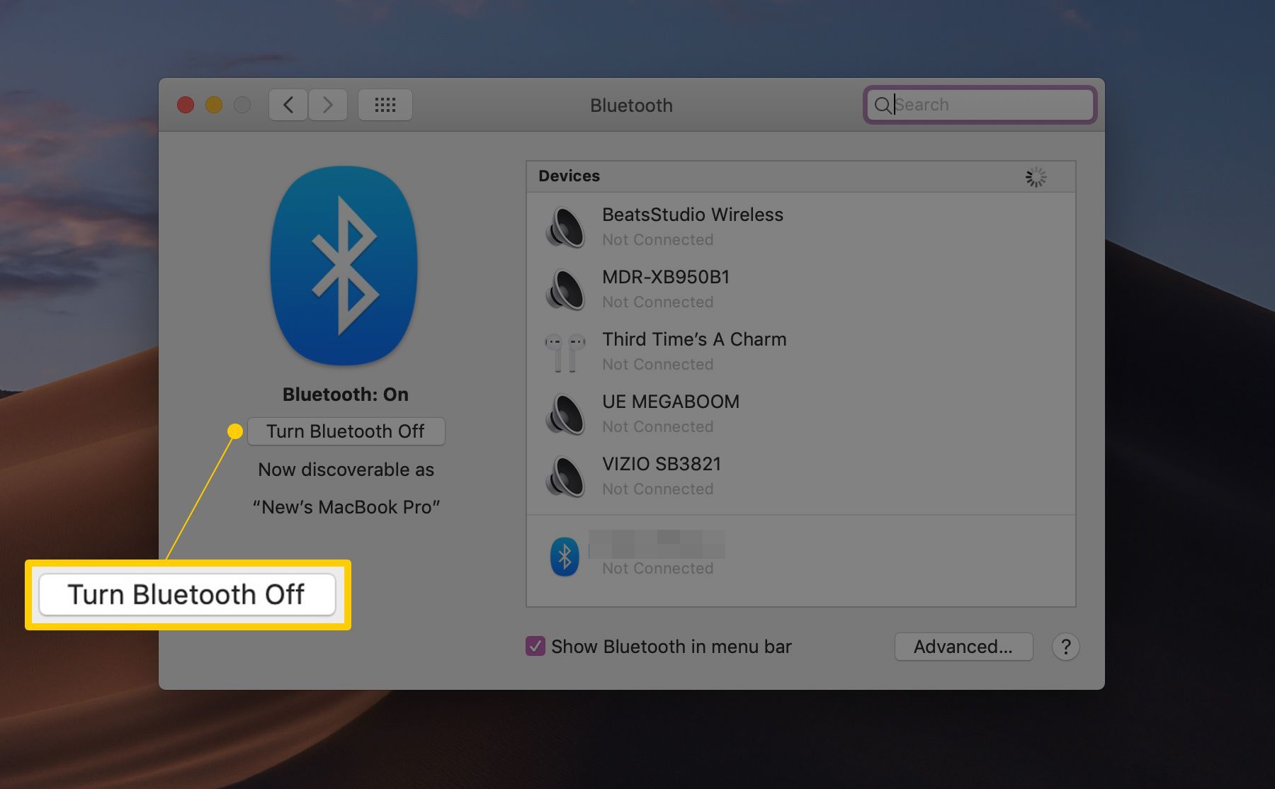 Отключить кнопку Bluetooth в приложении настроек MacOS