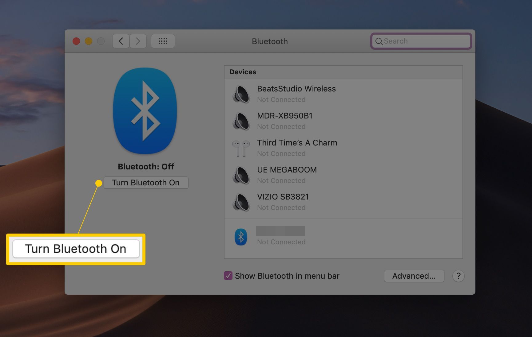 Включите кнопку Bluetooth в приложении настроек MacOS