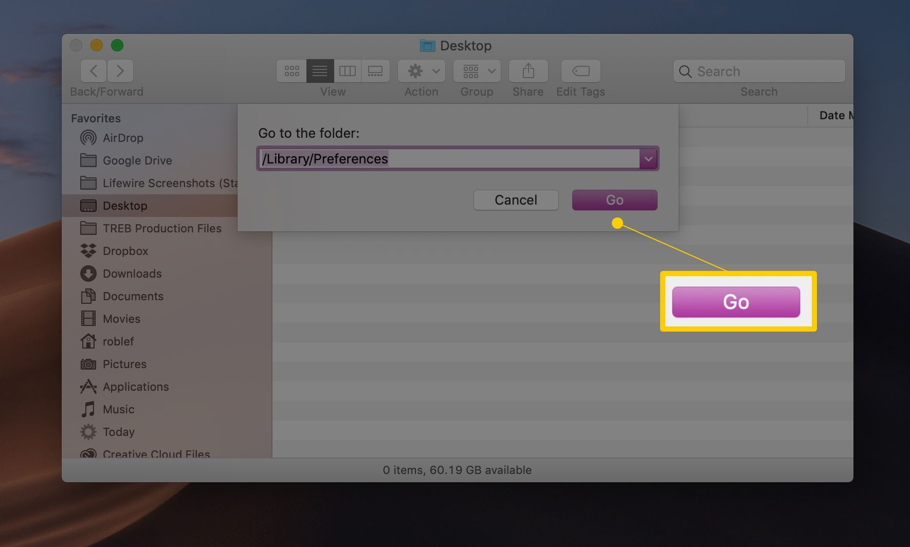 Кнопка «Перейти» в macOS Finder для перехода в папку «Библиотека» / «Настройки»