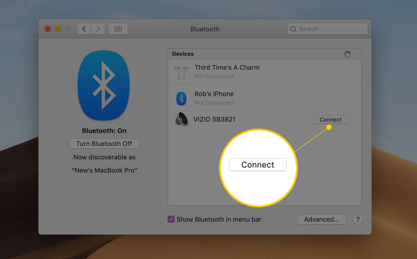 Кнопка подключения в Системных настройках Bluetooth