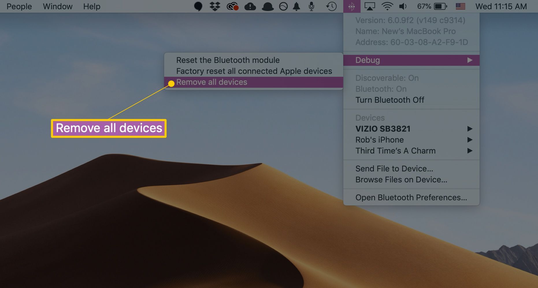 Удалить все устройства в меню отладки Bluetooth в macOS