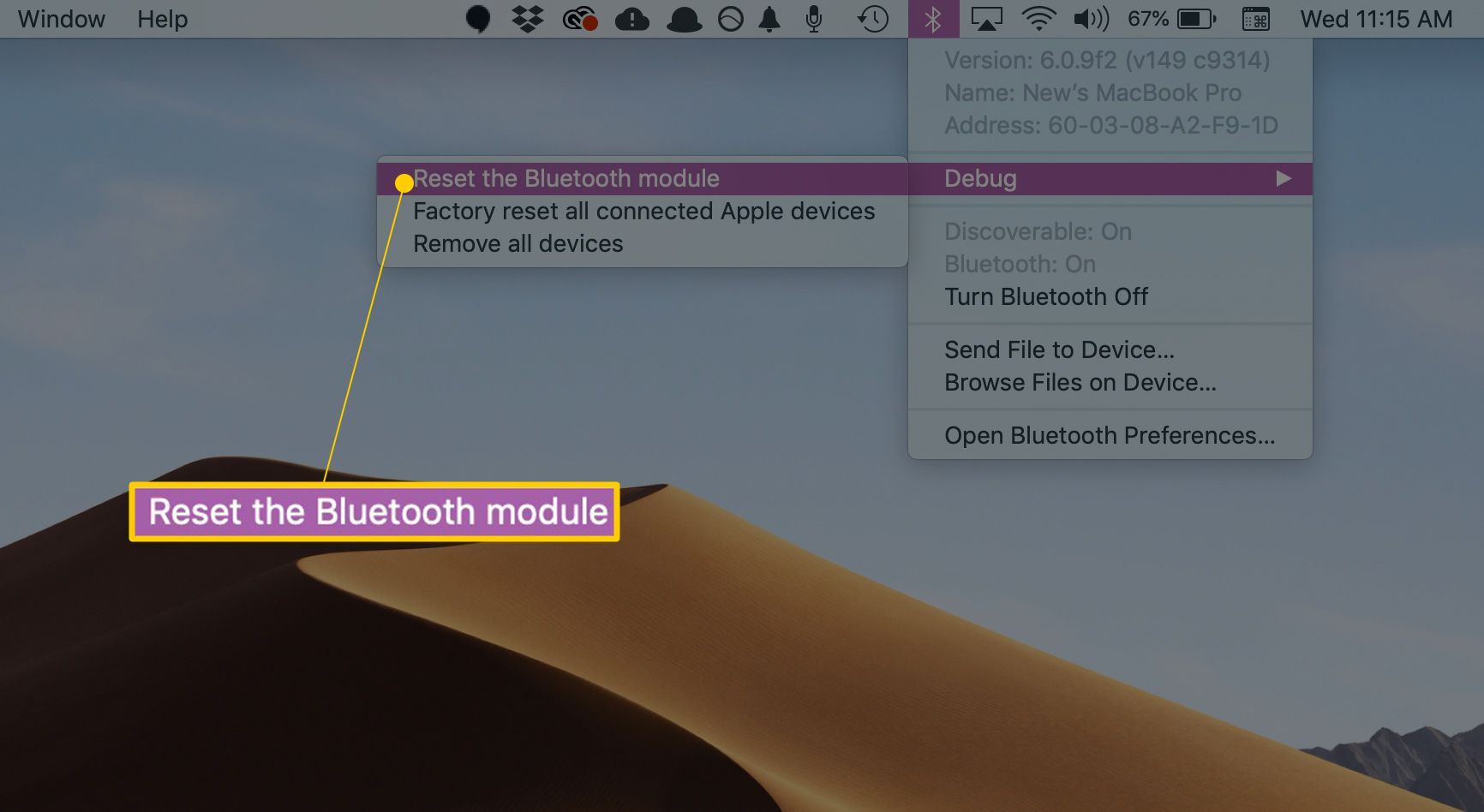 Сбросьте пункт меню модуля Bluetooth в меню отладки на macOS