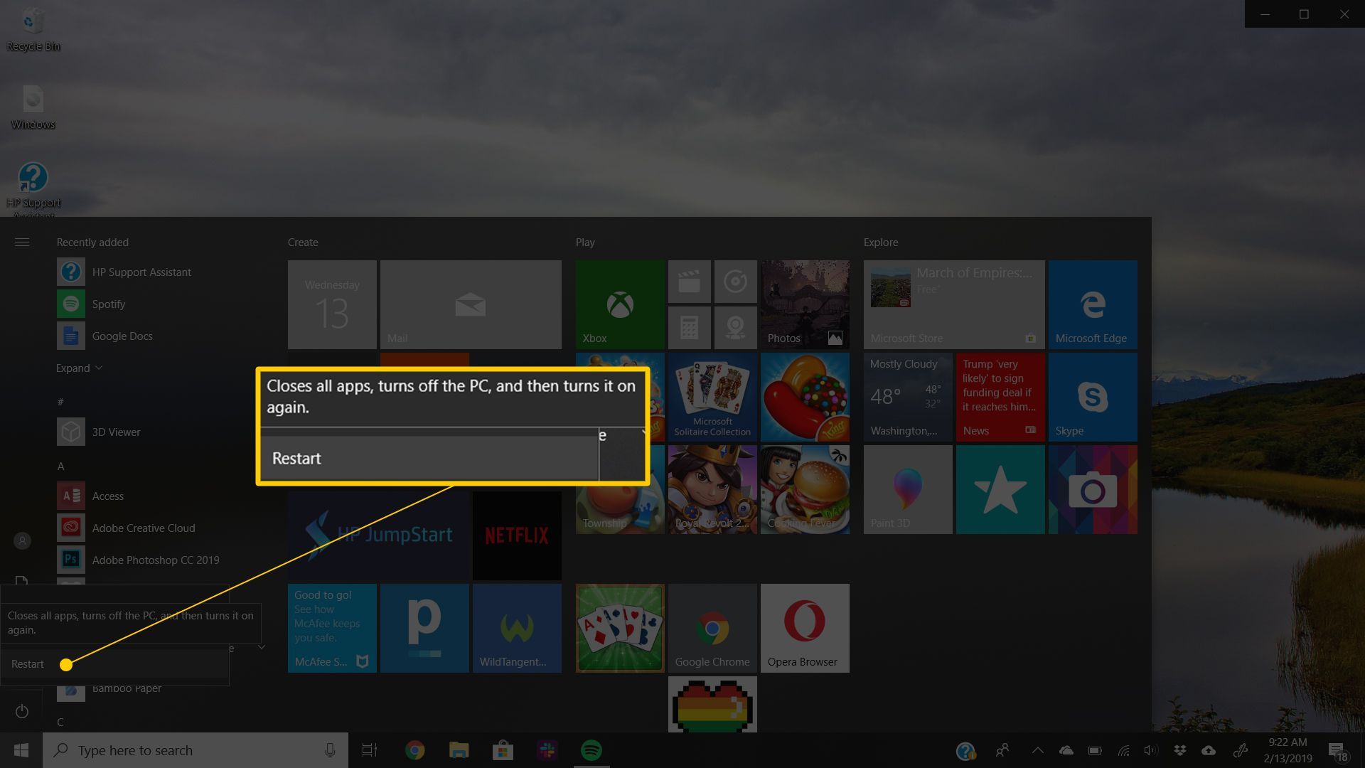 Перезапустите пункт меню в меню «Пуск» для Windows 10