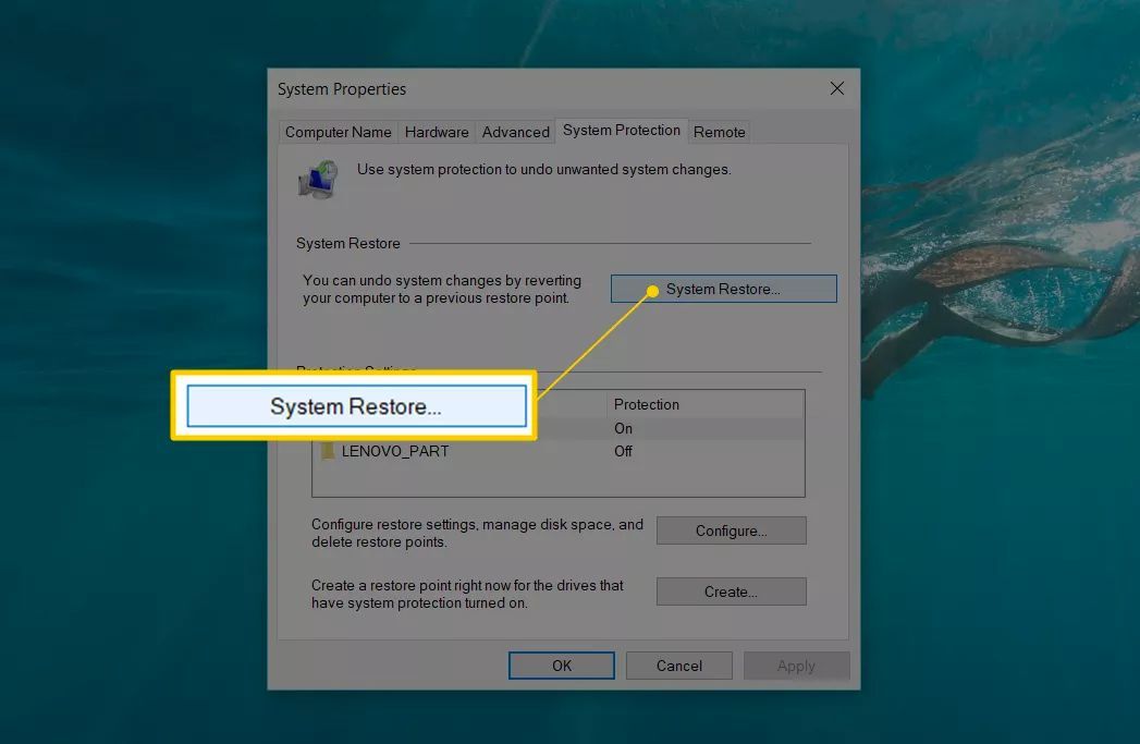 Кнопка «Восстановление системы» в «Свойствах системы» для Windows 10
