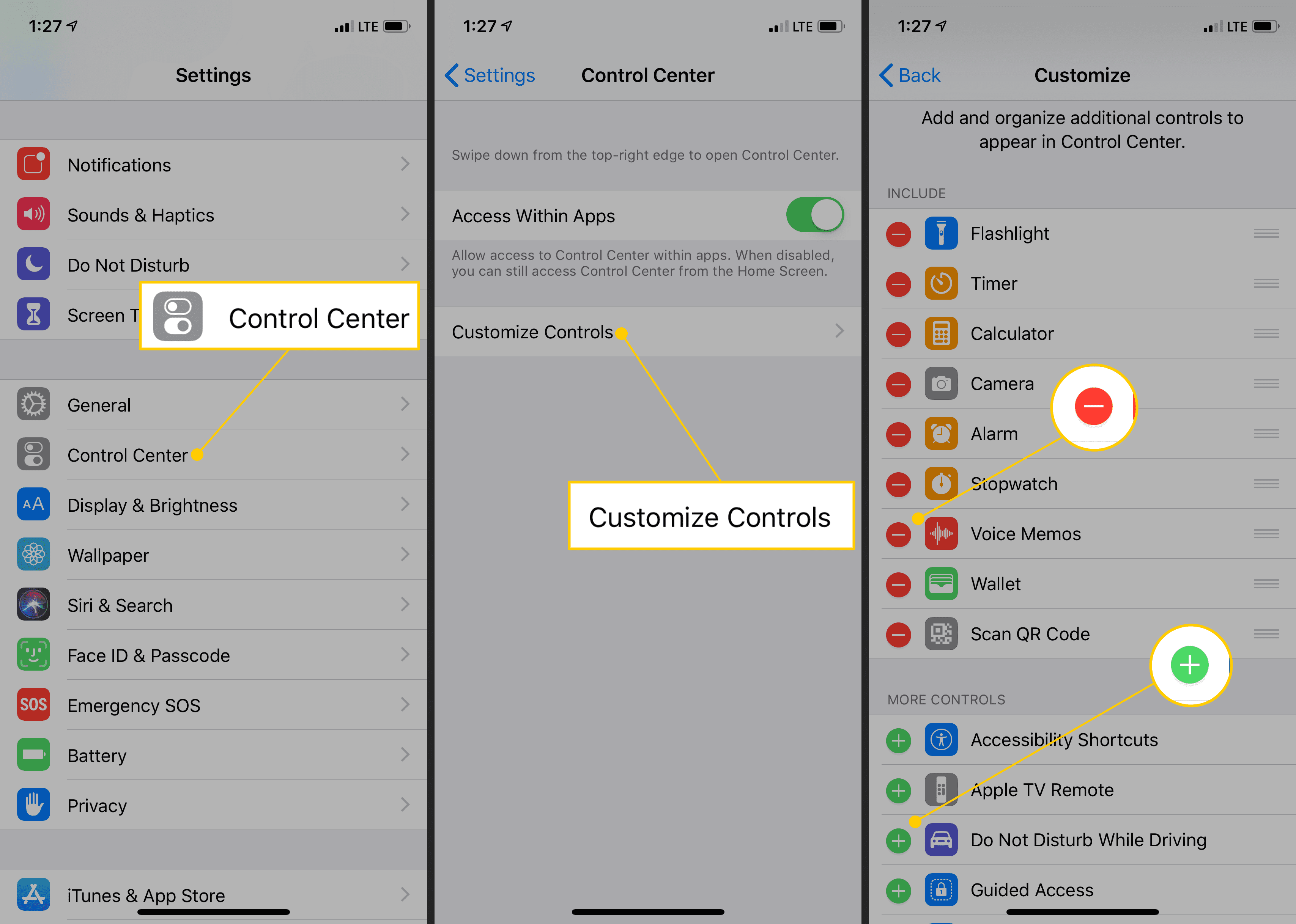 Центр управления, настройка элементов управления, удаление и добавление кнопок в настройках iOS