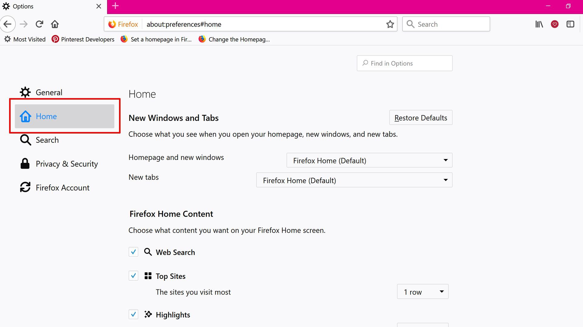 Скриншот настроек Home в Mozilla Firefox