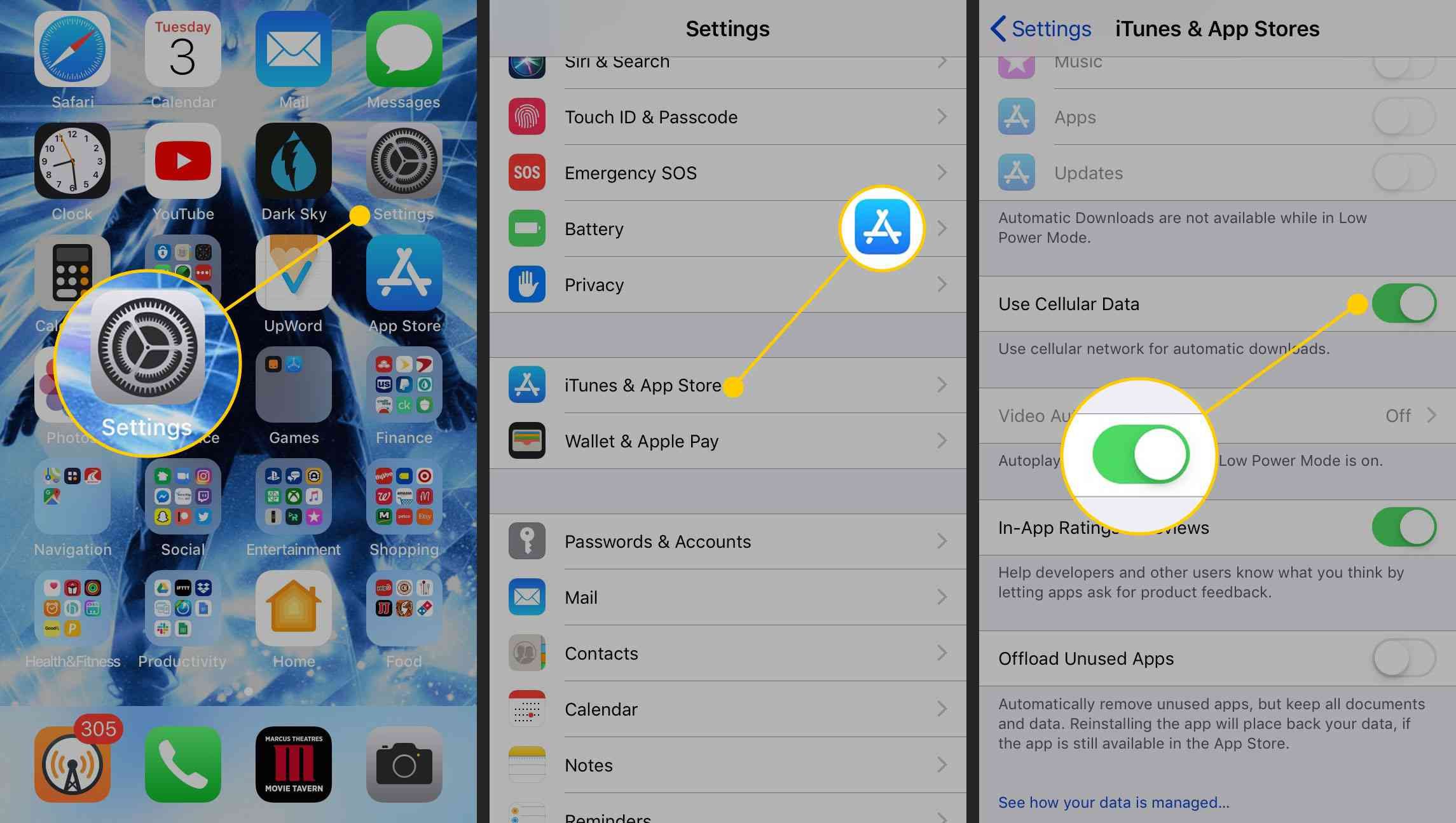 Настройки, iTunes и App Store, а также настройки «Использование сотовых данных» на iPhone
