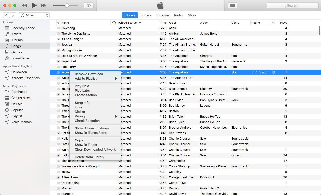 iTunes на Mac с контекстным меню песни в открытой библиотеке