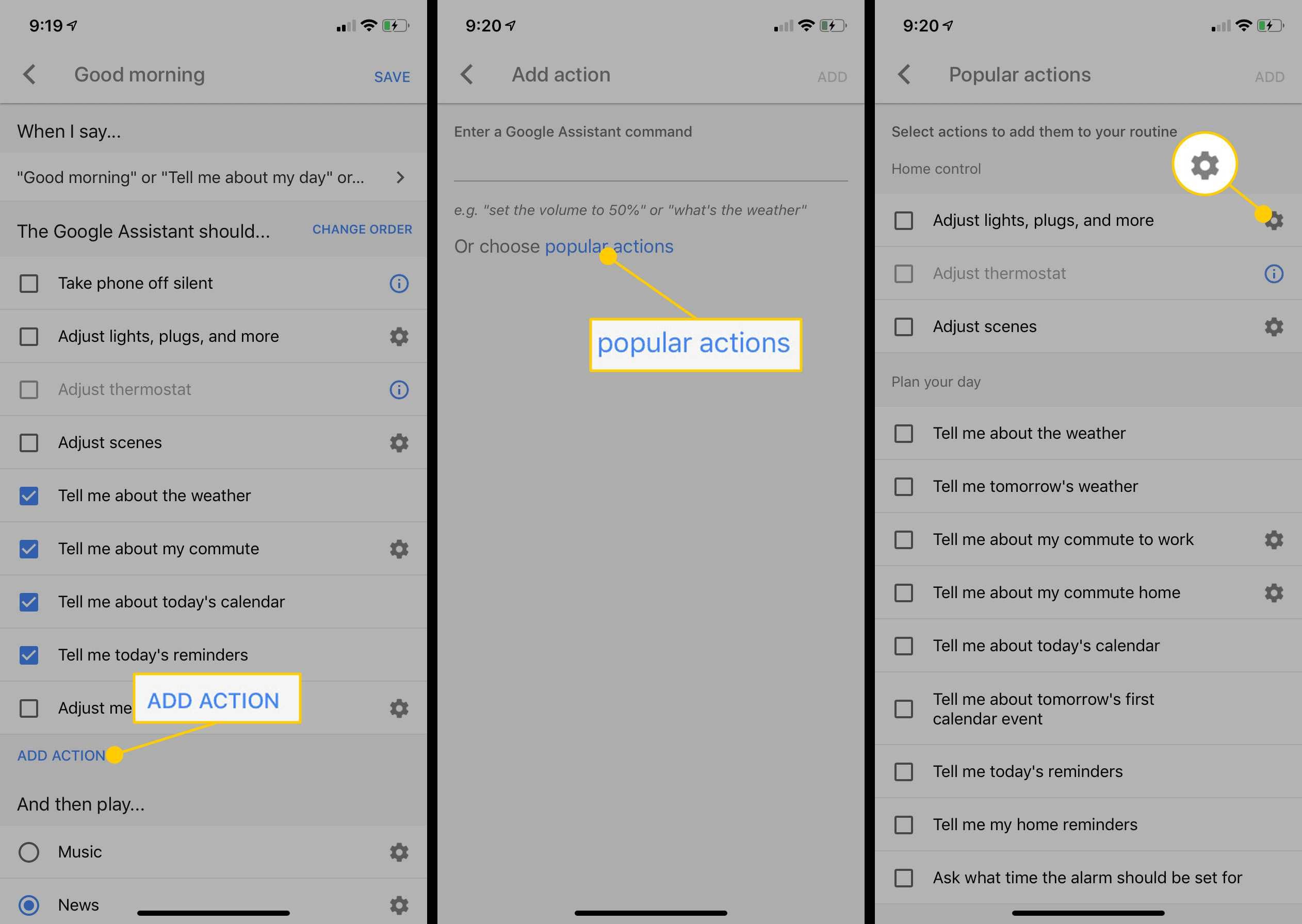 Снимки экрана, иллюстрирующие, как добавлять и редактировать стандартные действия Google Home.