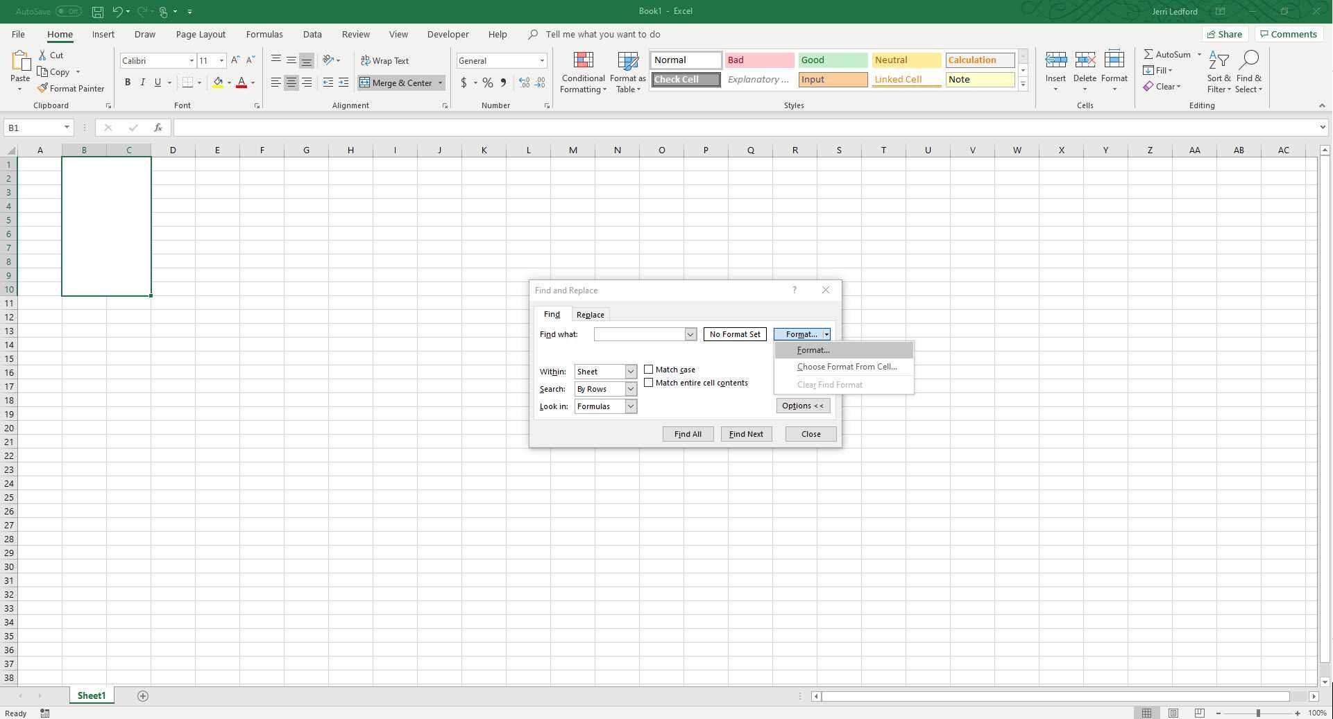 Параметр «Формат» в меню «Найти и заменить» в Excel.
