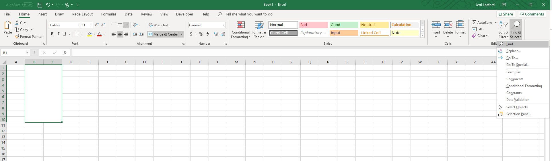 Параметр «Найти» в меню «Найти и выбрать» в Microsoft Excel.