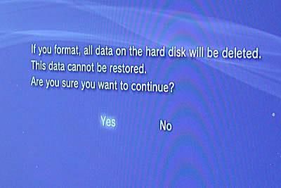 Выберите Да, чтобы отформатировать новый жесткий диск PS3.