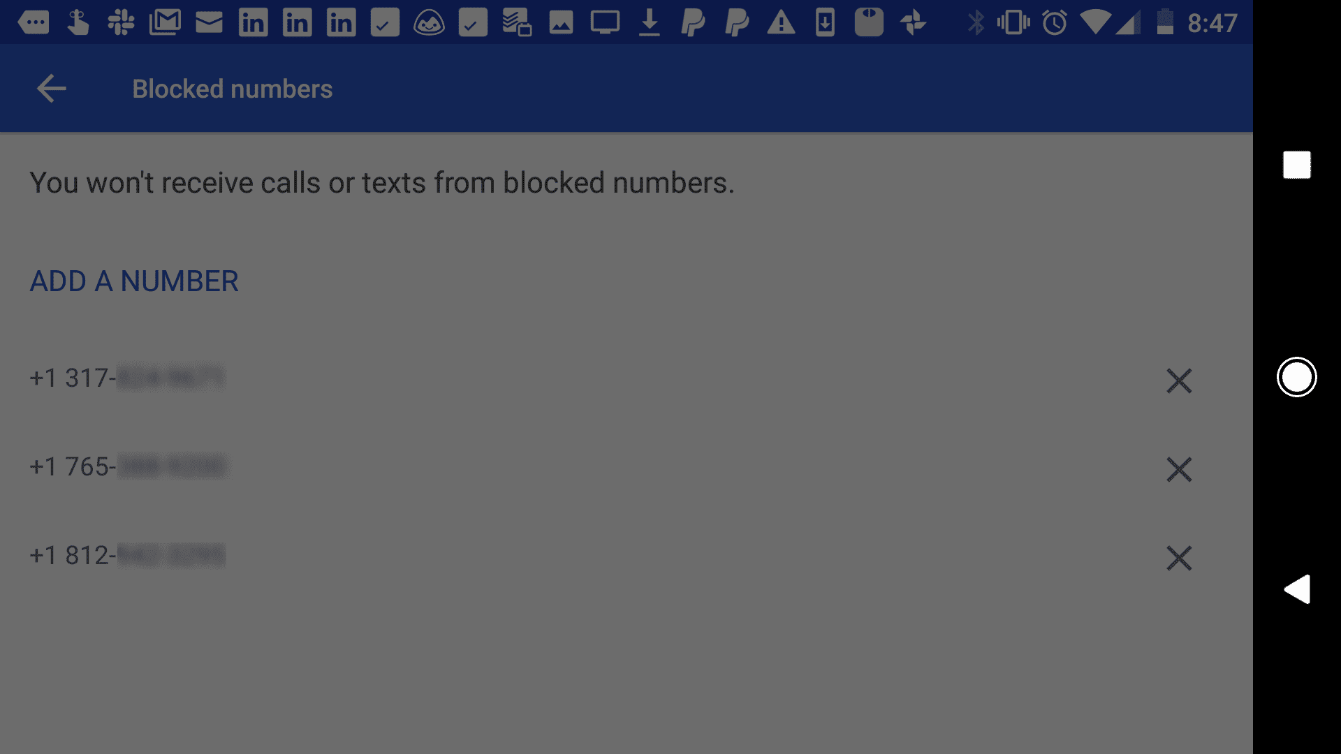 Снимок экрана добавления нового заблокированного номера в список заблокированных Android