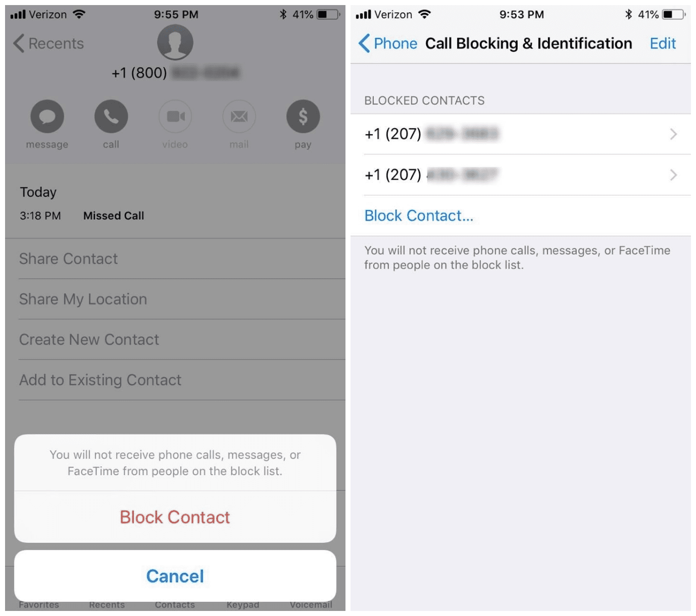 Скриншот блокировки контакта на iPhone