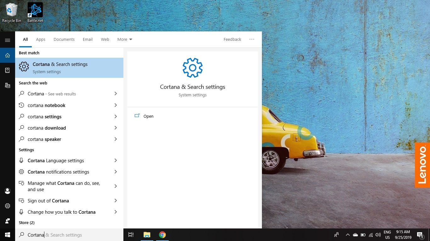 Введите Cortana в поле поиска Windows и выберите Cortana & Search Settings.