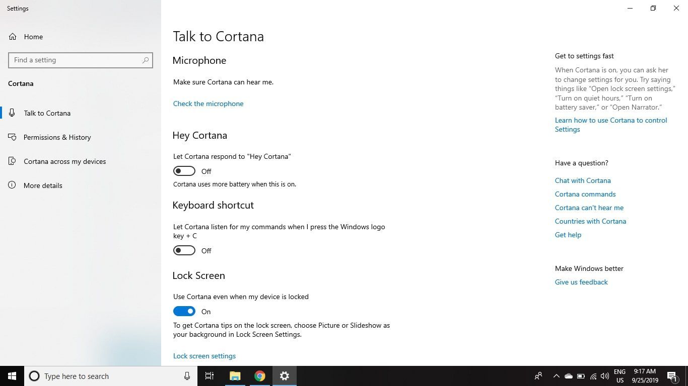 Перейдите на вкладку «Talk to Cortana» и убедитесь, что переключатели «Hey Cortana» и «Keyboard» установлены на «Off».