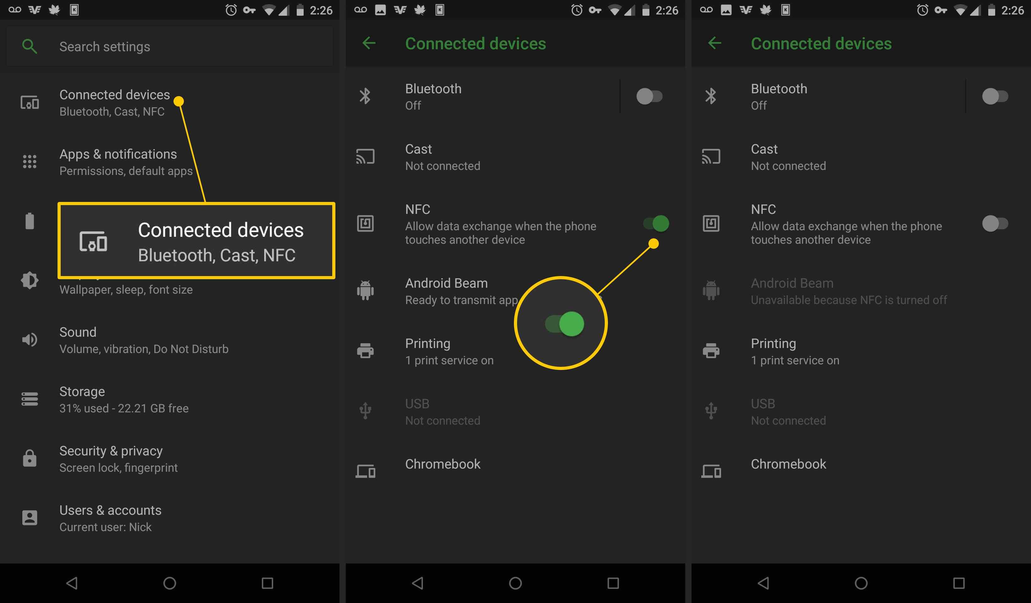 Подключенные устройства, переключение NFC в настройках Android