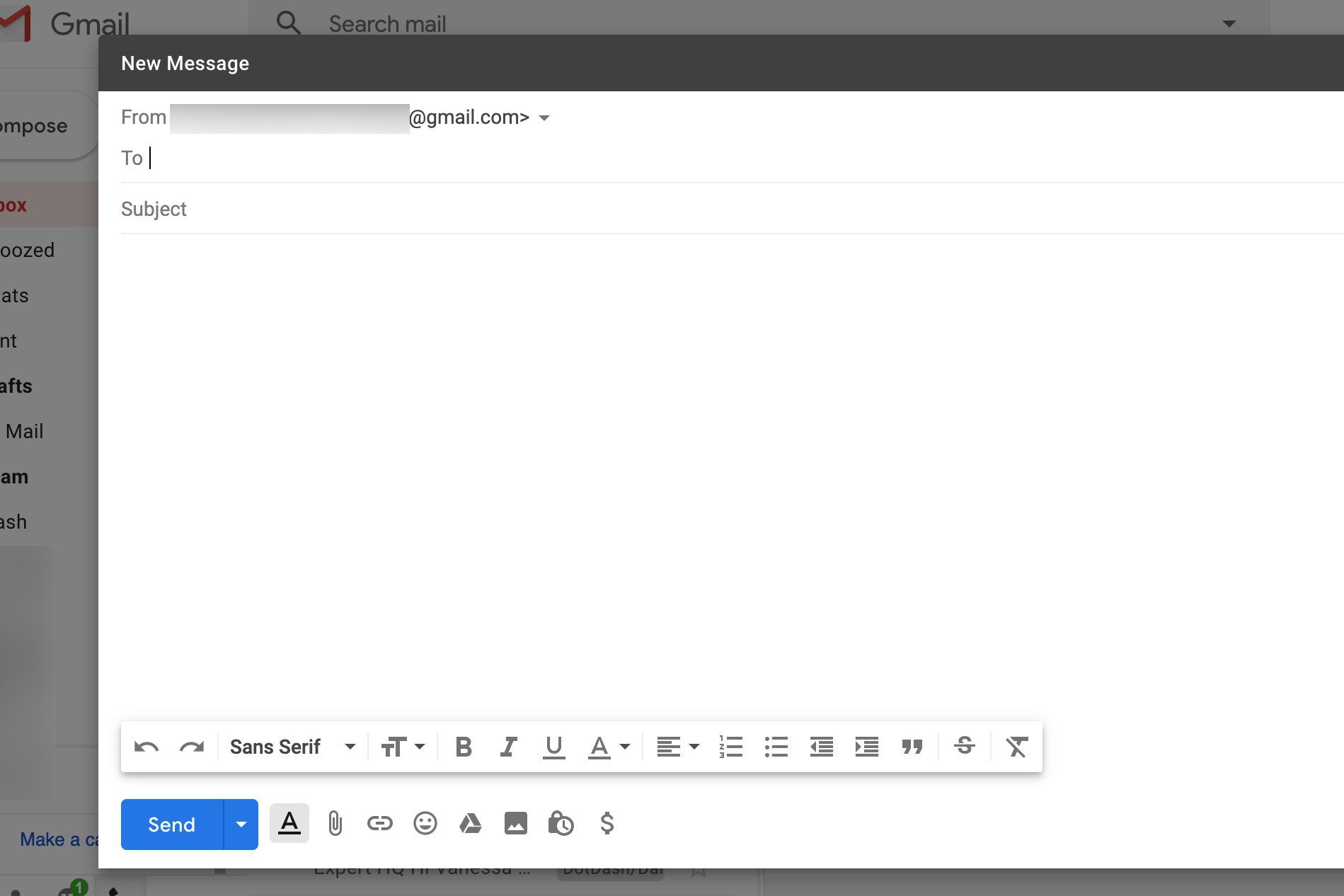 Окно нового сообщения Gmail