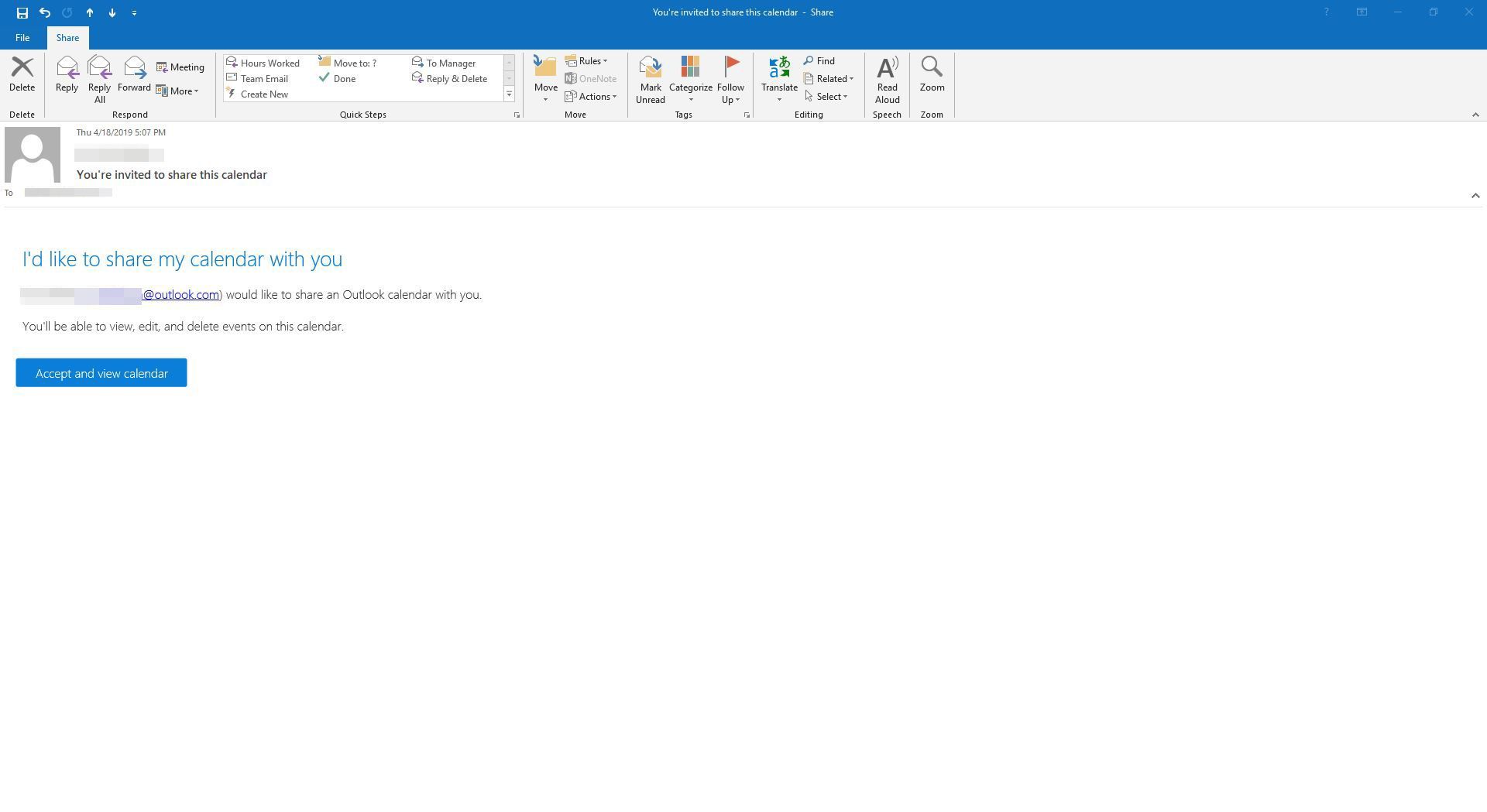 Приглашение по электронной почте для просмотра общего календаря Outlook.com.