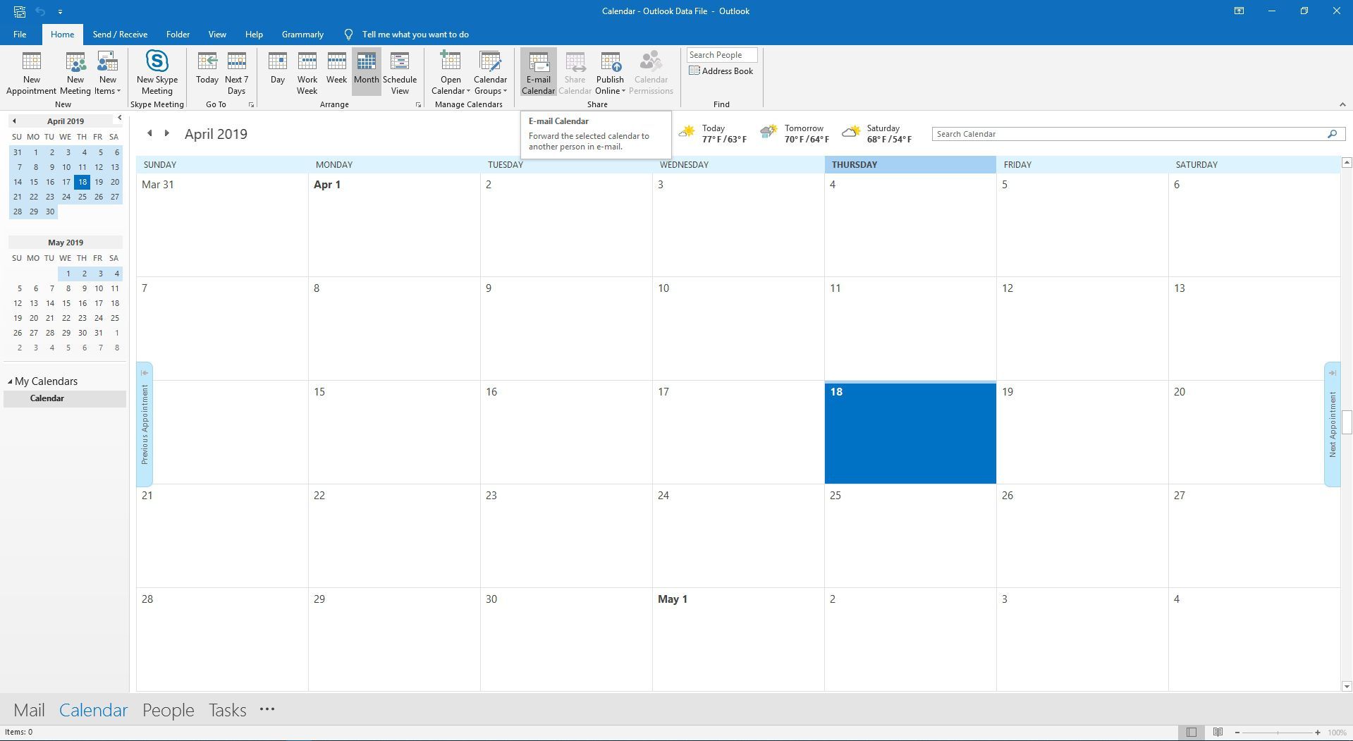 Выбор опции для календаря электронной почты в Outlook.