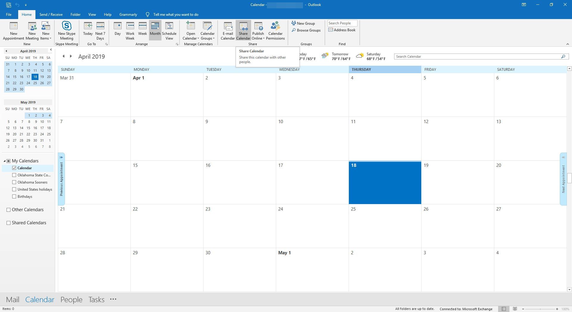 Выбор опции «Поделиться календарем» в Outlook.