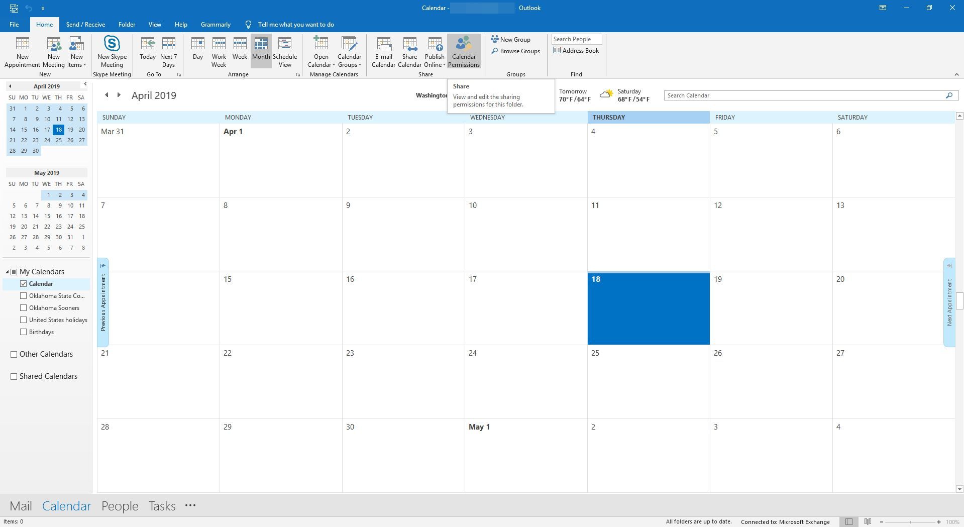 Выбор календарного разрешения в Outlook.