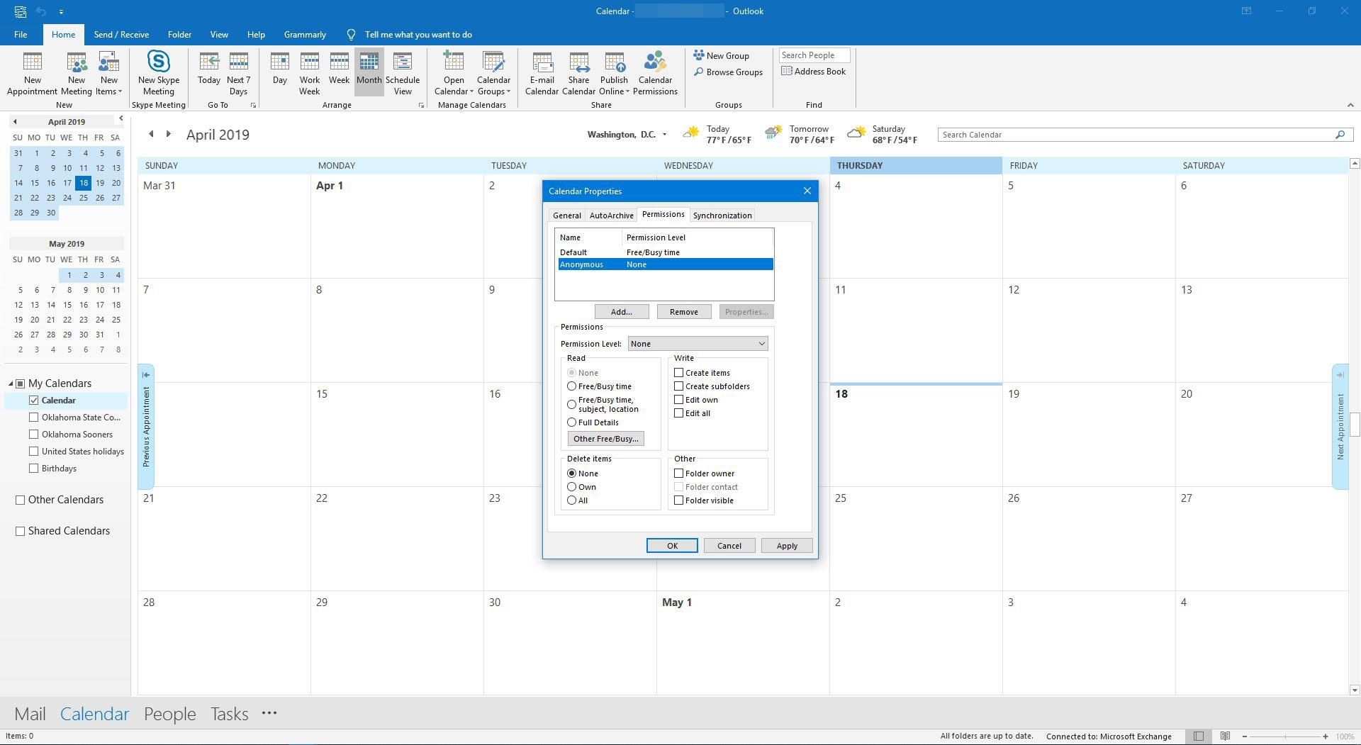 Отображение свойств календаря в Outlook.
