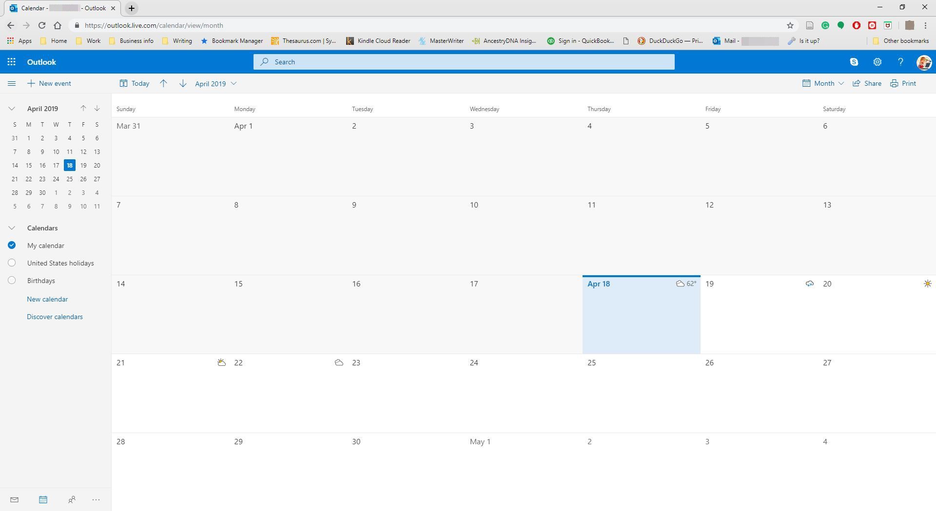 Открытый календарь на сайте Outlook.com.