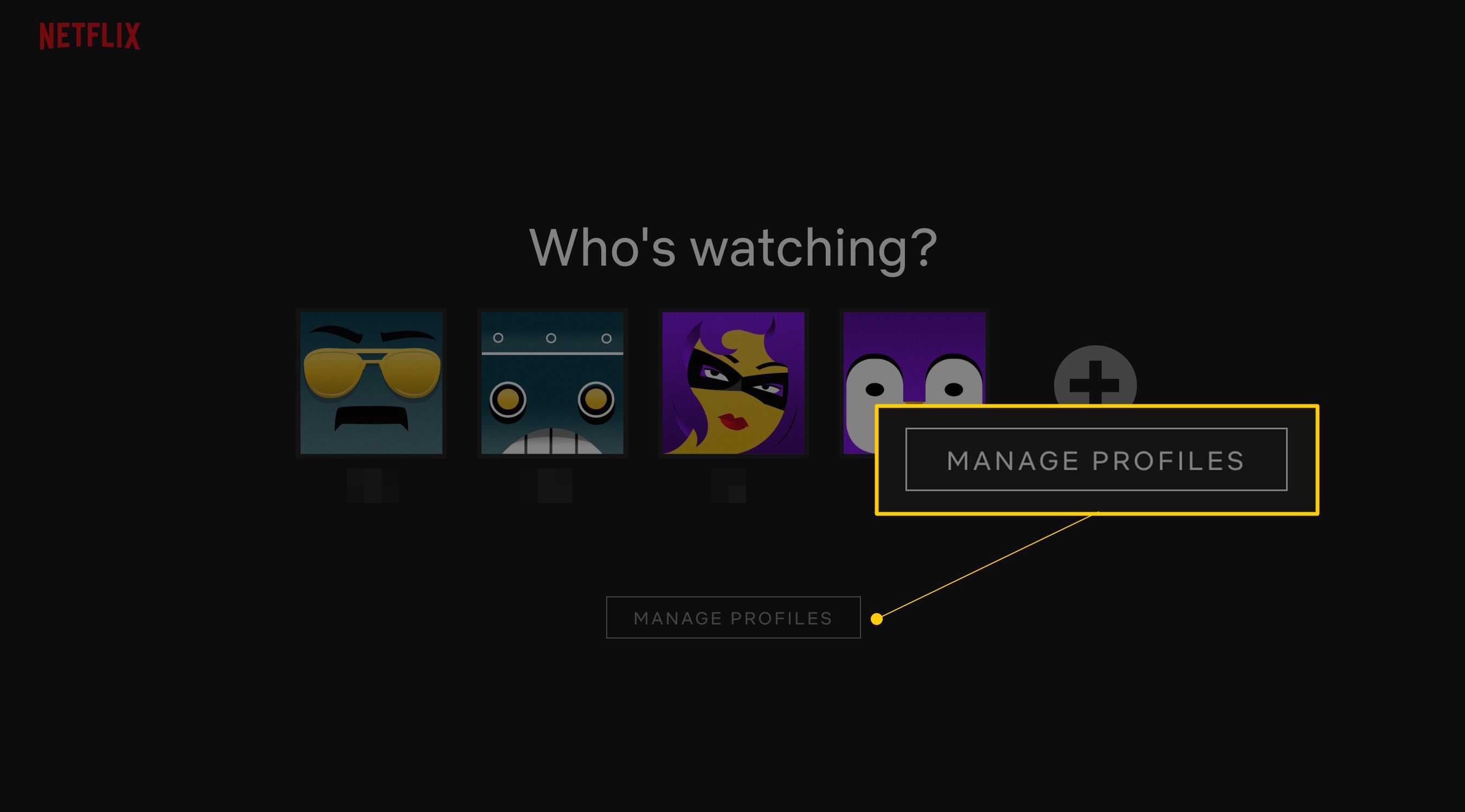 Кнопка «Управление профилями» на домашней странице Netflix