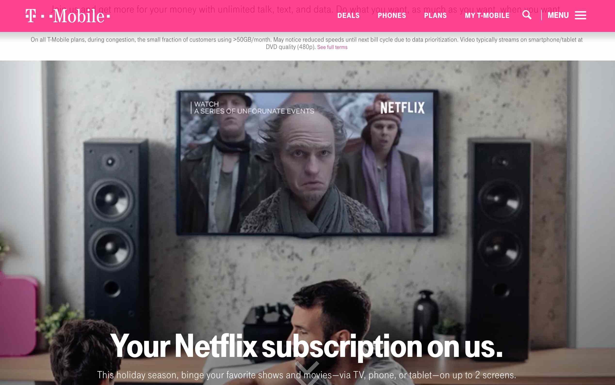 Веб-страница T-Mobile, показывающая сделку Netflix