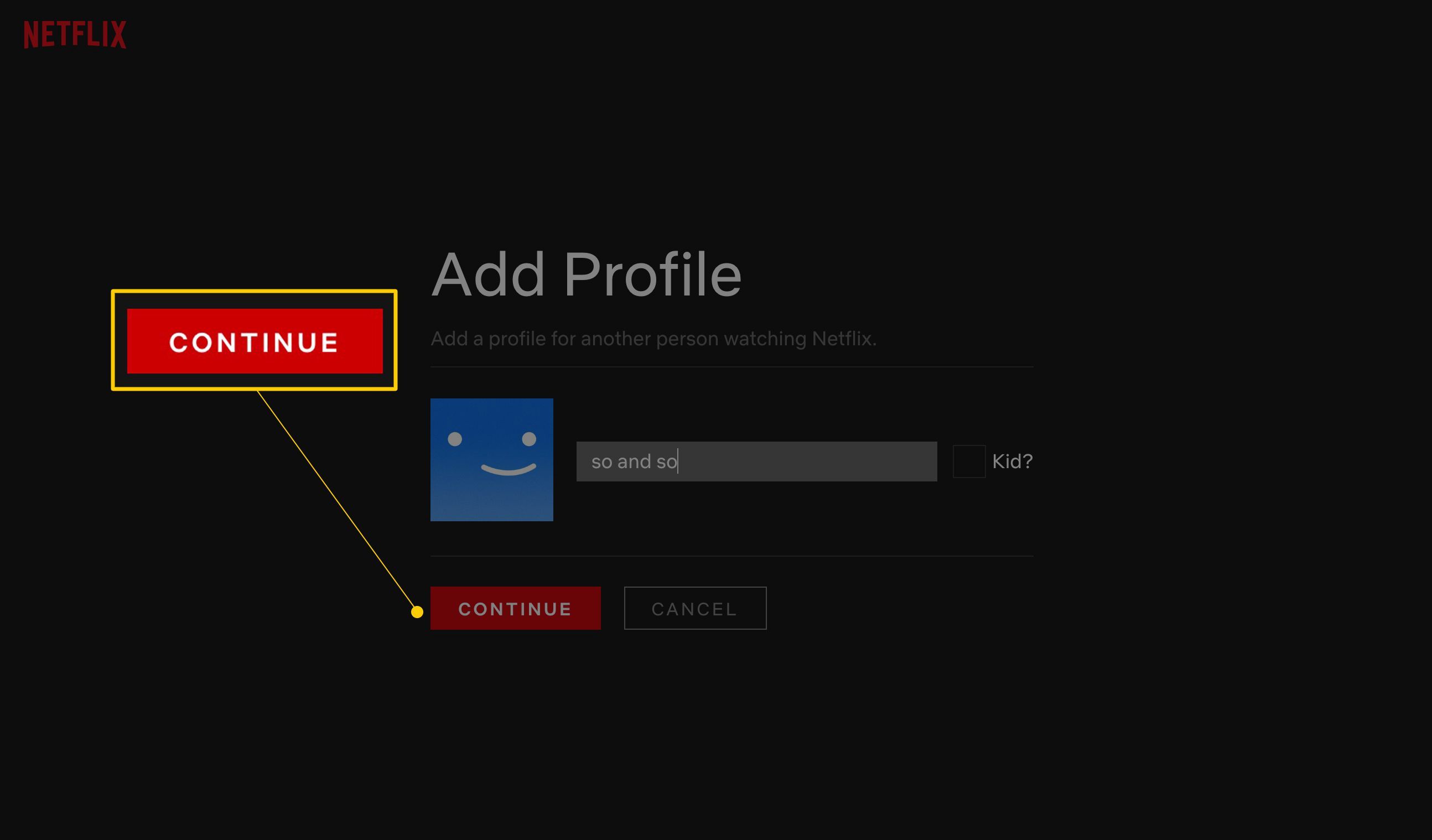 Кнопка «Продолжить» на экране «Добавить профиль» на Netflix