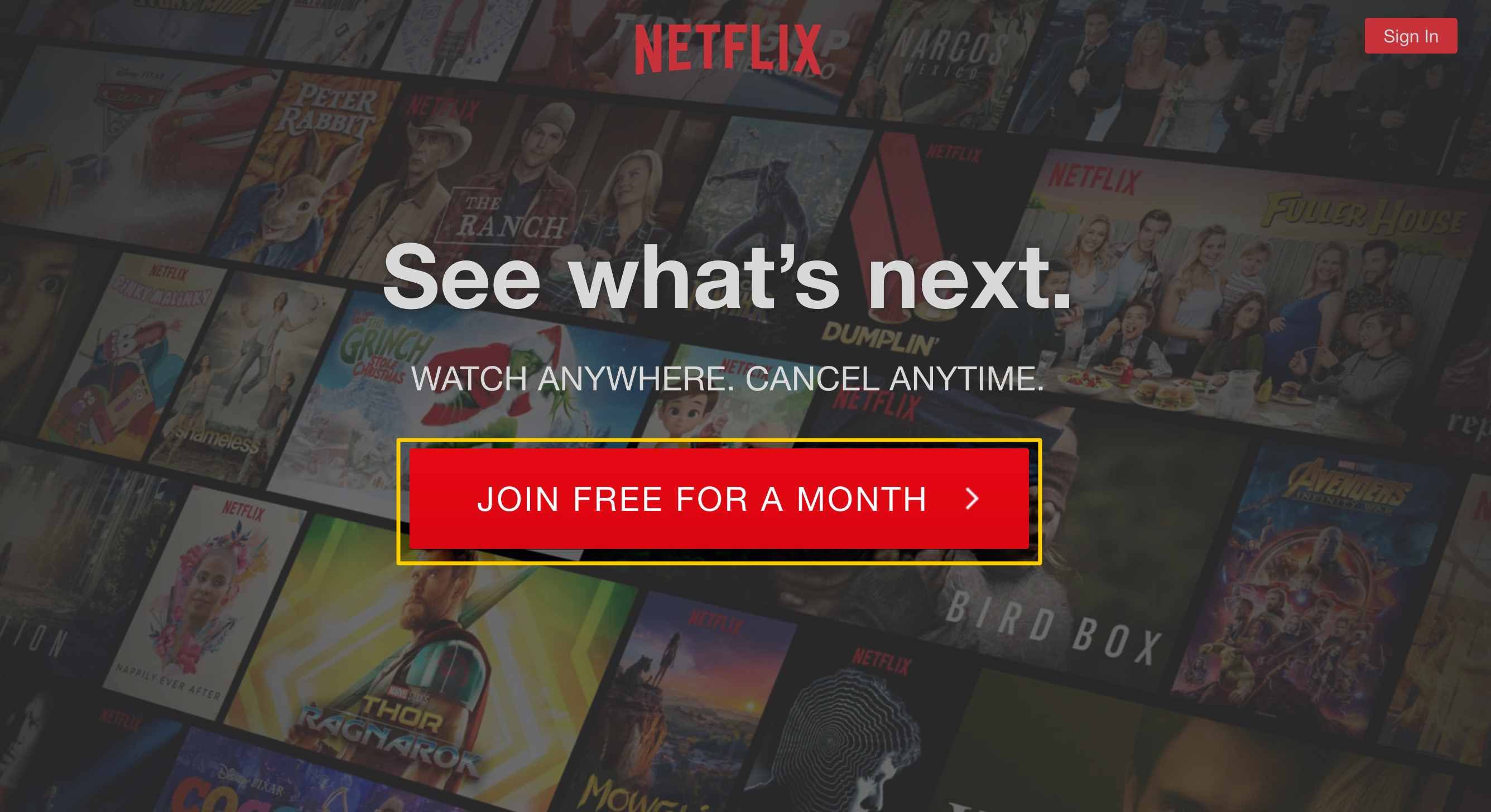 Присоединяйтесь бесплатно на месяц кнопку на Netflix