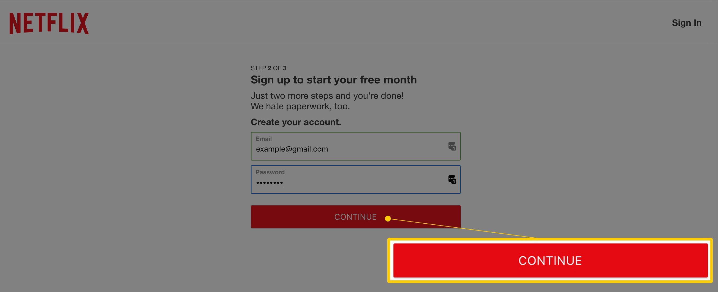 Кнопка «Продолжить» на странице электронной почты для регистрации в Netflix