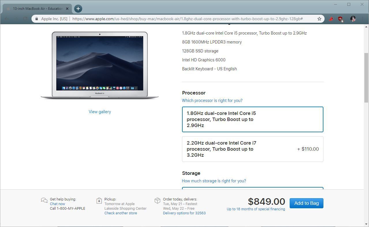 Снимок экрана настройки MacBook Air в Apple Education Store.