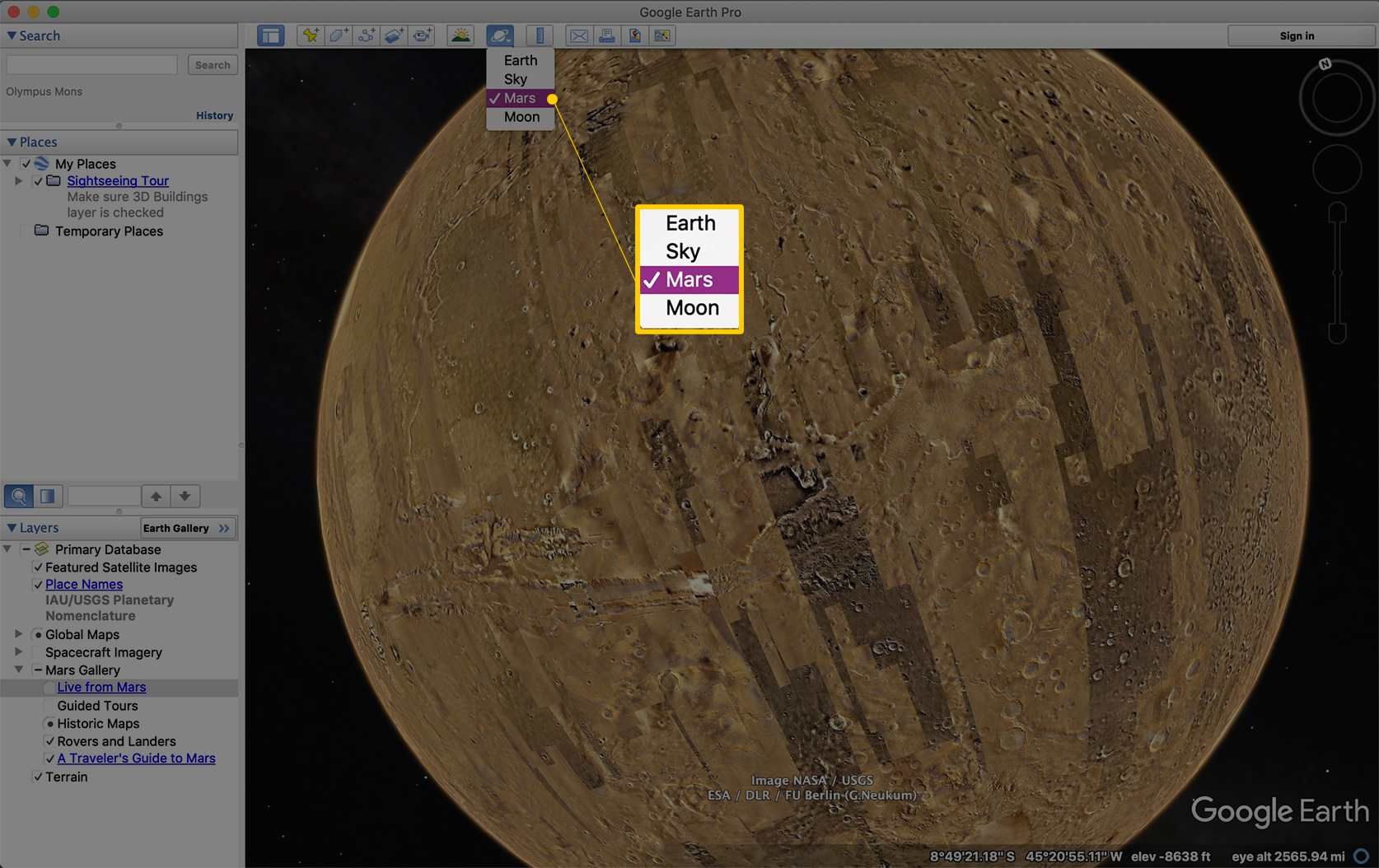 Элемент раскрывающегося меню Марс в Google Планета Земля Про