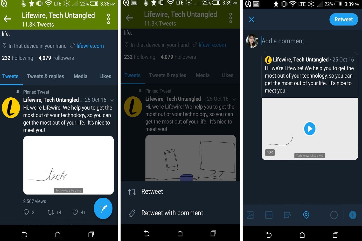 Три скриншота, показывающие, как процитировать твит в мобильном приложении Android.