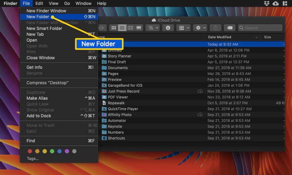 Пункт меню «Новый файл папки» в macOS Finder