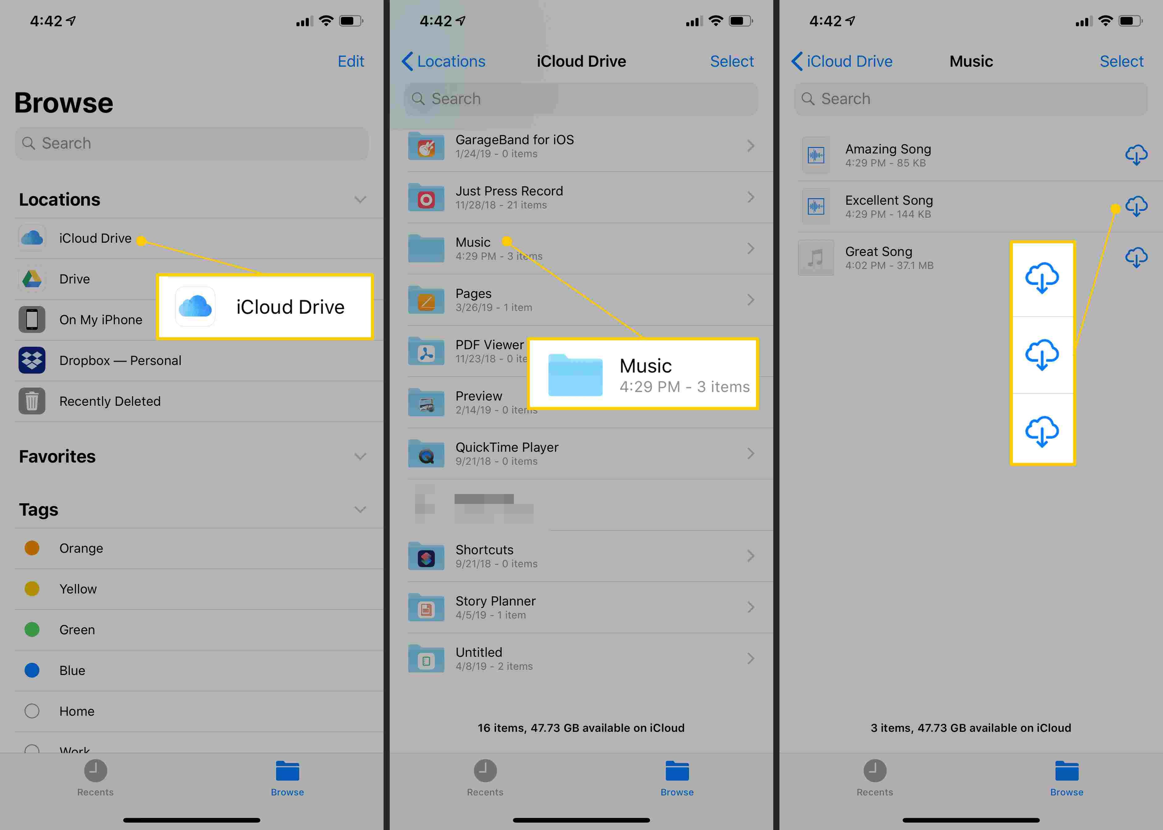 iCloud Drive, папка Music, загрузка значков на iOS