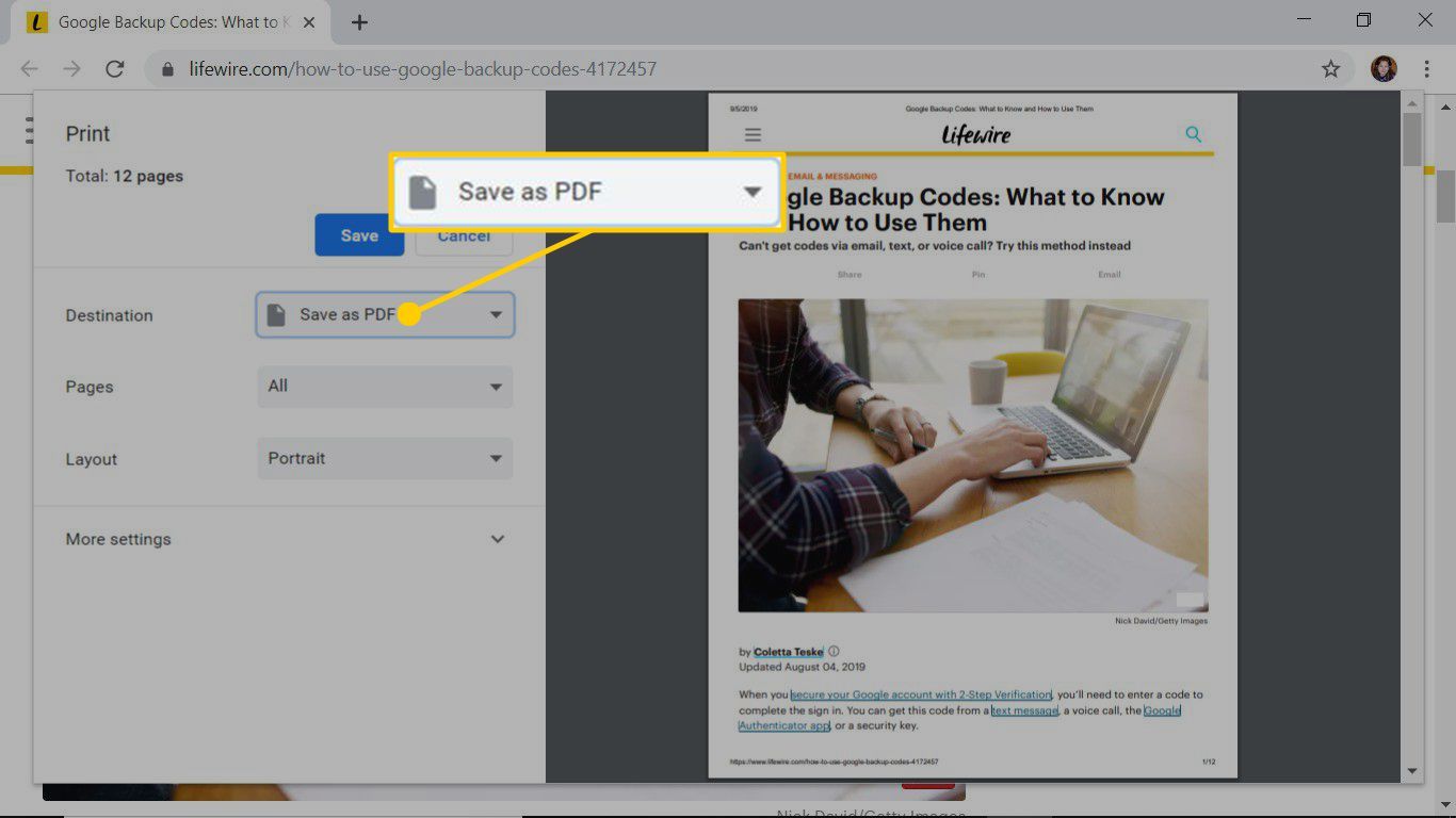 Используйте диалоговое окно «Печать» для сохранения веб-страницы в формате PDF в Chrome