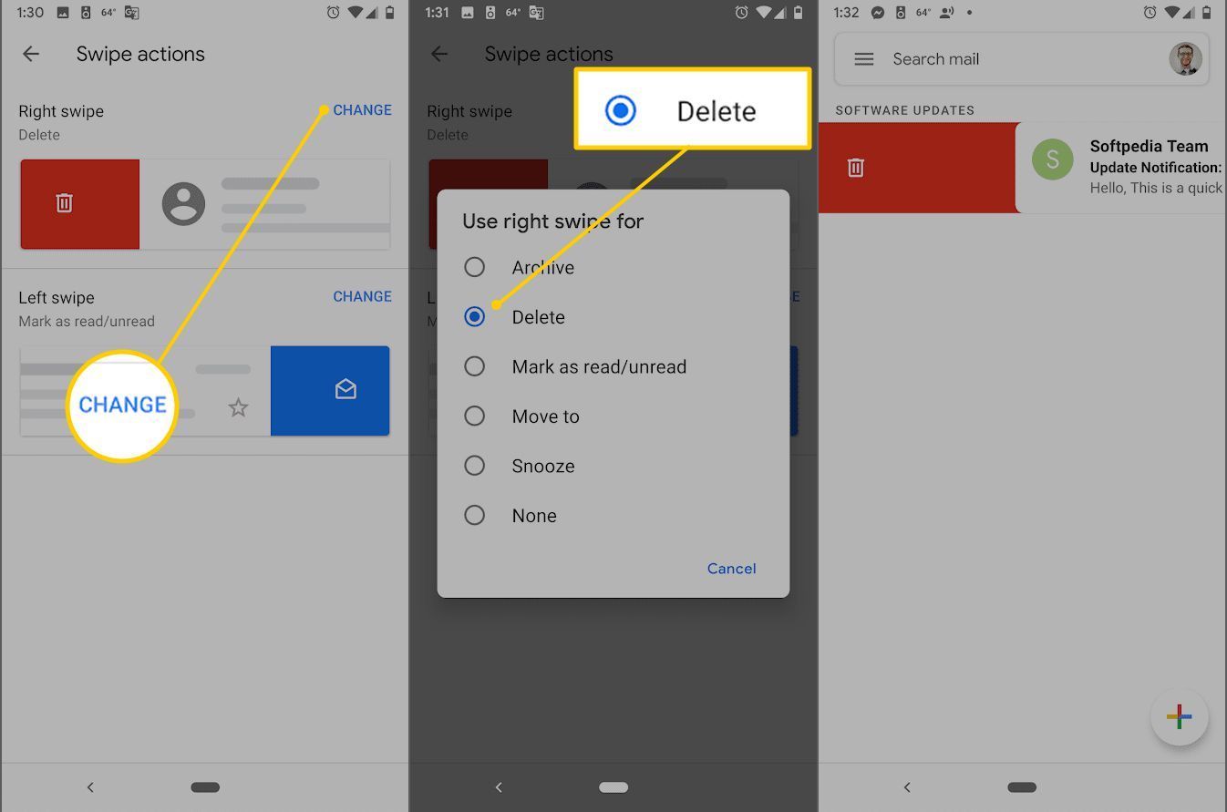 Нажмите кнопку «Изменить», флажок «Удалить» и проведите вправо, чтобы удалить приложение Android Gmail.