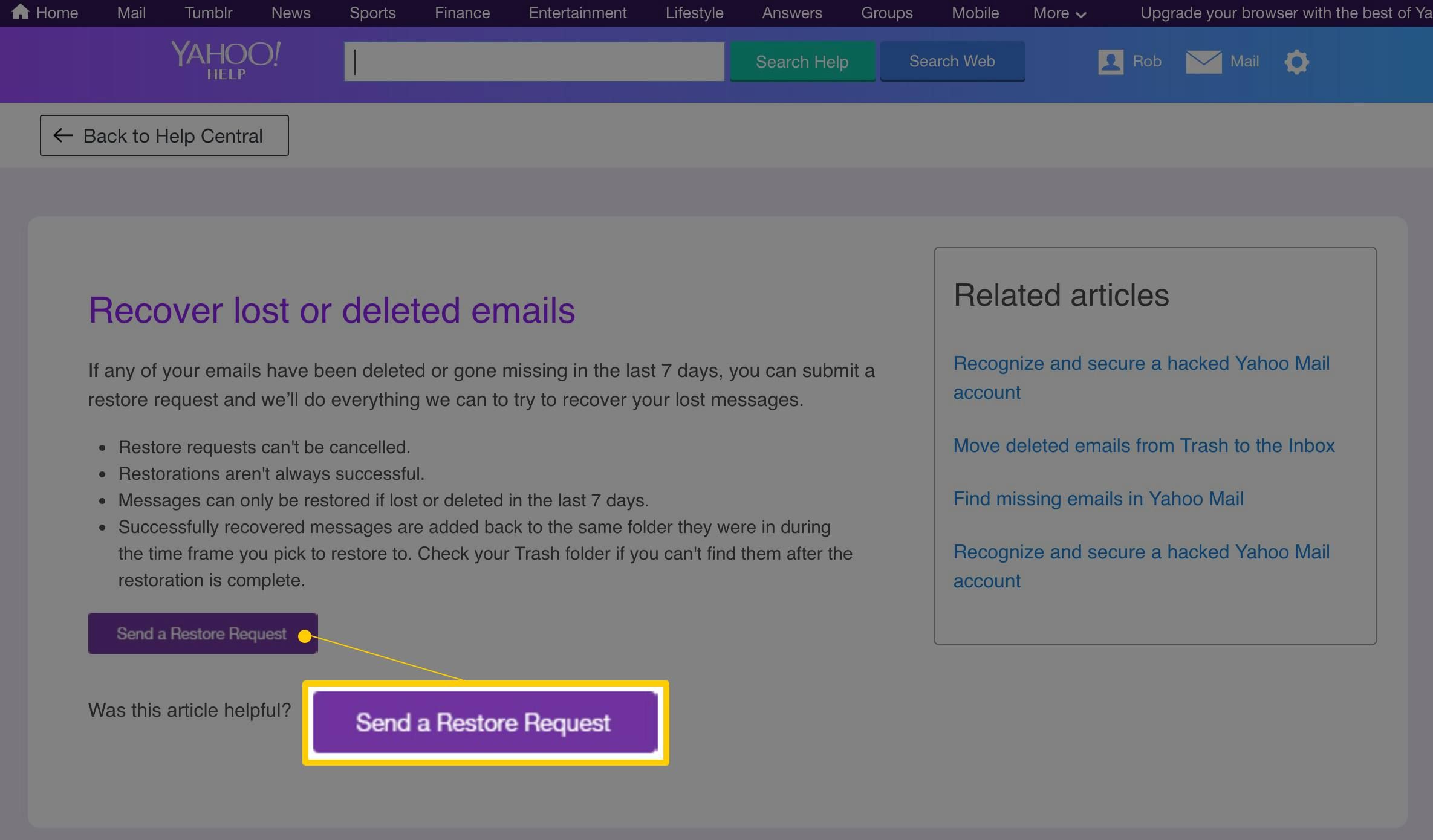 снимок экрана - Отправить запрос на восстановление на страницах справки Yahoo Mail